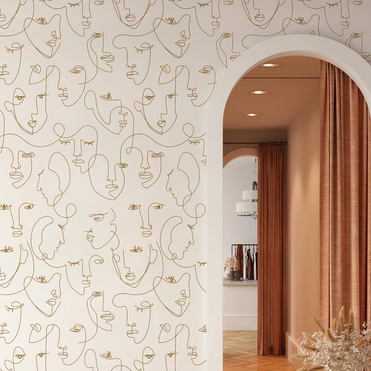 Minimalist Face Line Art Wallpaper - Peel and Stick (Single Sheet - 2x9ft, Gold)