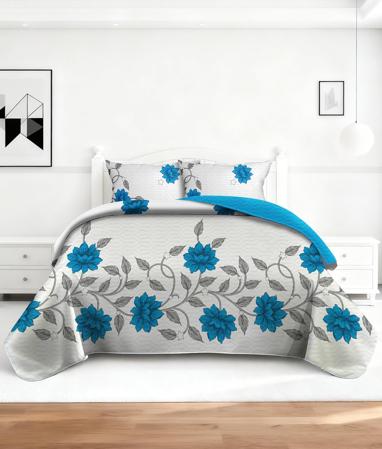 Blue Bedspread Queen Bedspreads Queen Size 1 Queen (88"x90") Bedspread 2 (20"x36") Pillowcases Blue Floral & Star Pattern Microfiber Soft Cotton-Touch for Guest Room