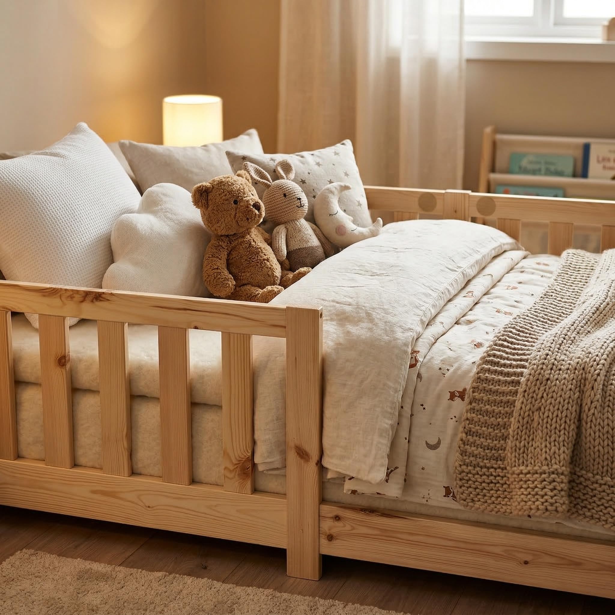 ecoMI Letto per bambini con protezione anticaduta e rete a doghe, letto da pavimento Montessori in legno di pino massiccio, letto singolo, naturale, 80 x 160 cm
