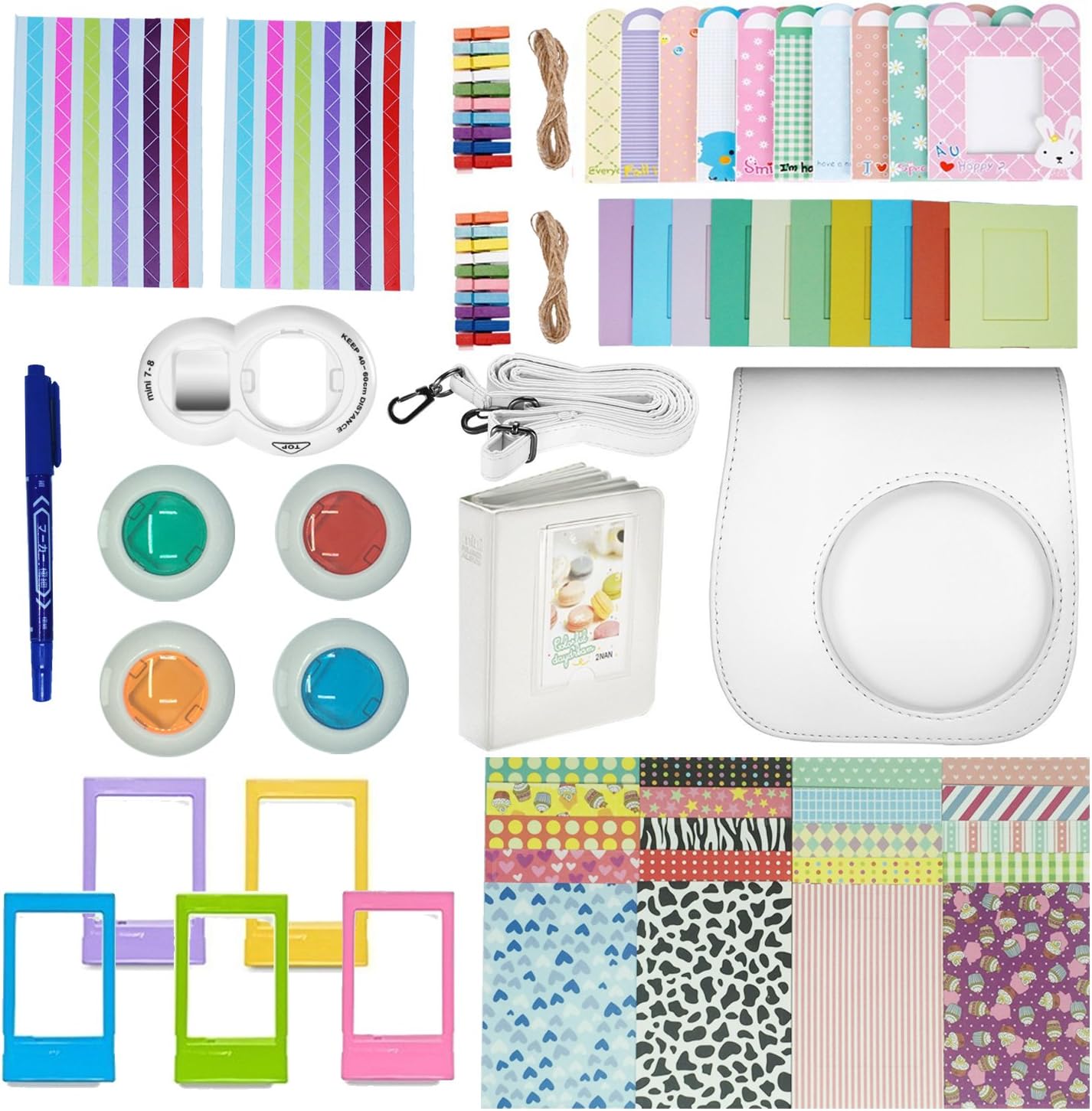 Bestter 10-in-1 Fujifilm Instax Mini 9/8+/8/8s Camera Accessories Kit -Case/Strap/Book Album/Selfie Lenses/Colored Filters/Table Film Frames/Wall Hang Frames/Border Stickers/Corner Stickers/Pen(White)