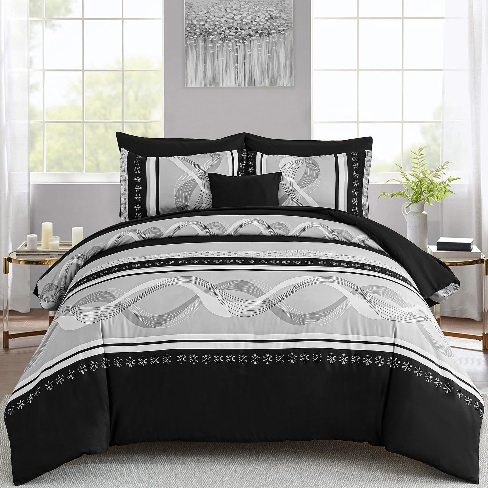 WONGS BEDDING Double Duvet Cover Set Geometry Bedding Sets Ultrasoft Polyester Double Quilt Cover with Zipper Closure, Black, 200×200cm