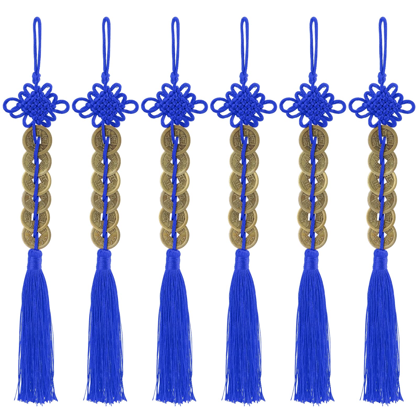 ISKYBOB Set of 6 I-Ching Feng Shui Coins with Blue Chinese Knot String Vintage Lucky Coin Wealth Charm Home Car Decoration