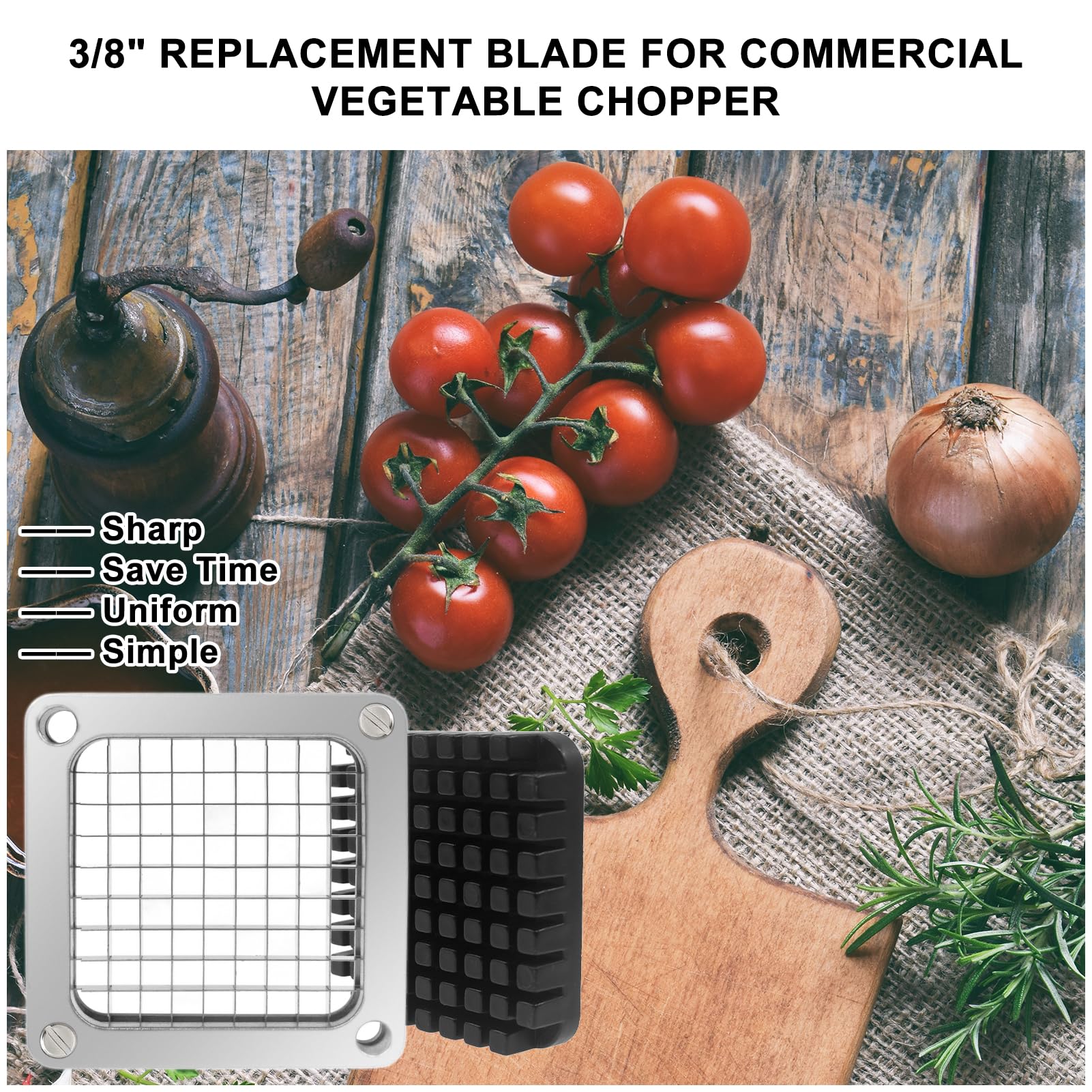 Hoja de repuesto para picadora, 2 piezas de 1/4 pulgadas y 3/8 pulgadas, hoja de acero inoxidable y bloque empujador para máquina de corte de frutas, cortador de tomate, cebolla, patatas fritas