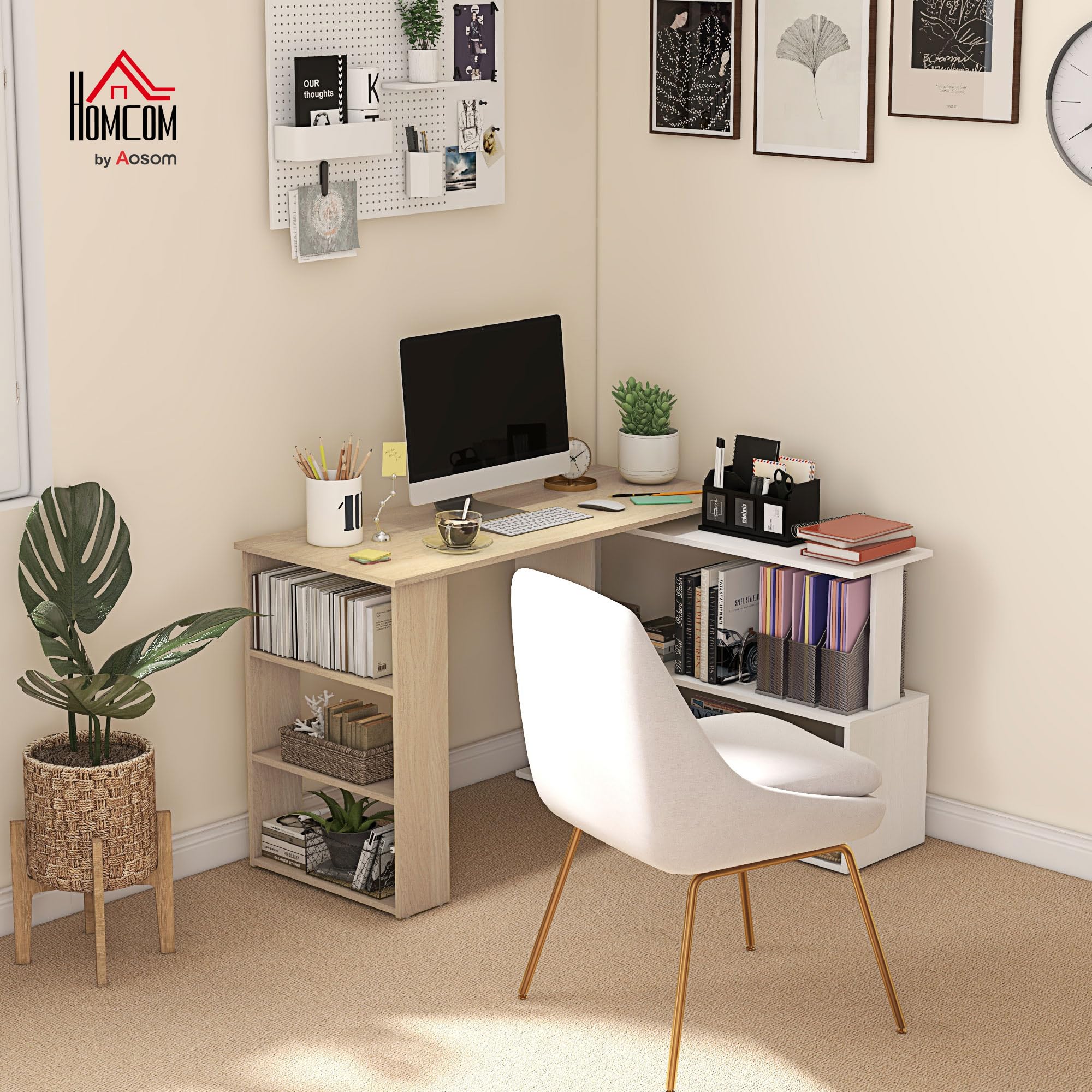 HOMCOM Escritorio Esquinero Giratorio en L 120x110 cm Natural y Blanco | Mesa de Escritorio con Estantes, para Oficina en Casa, Estudio, Hogar