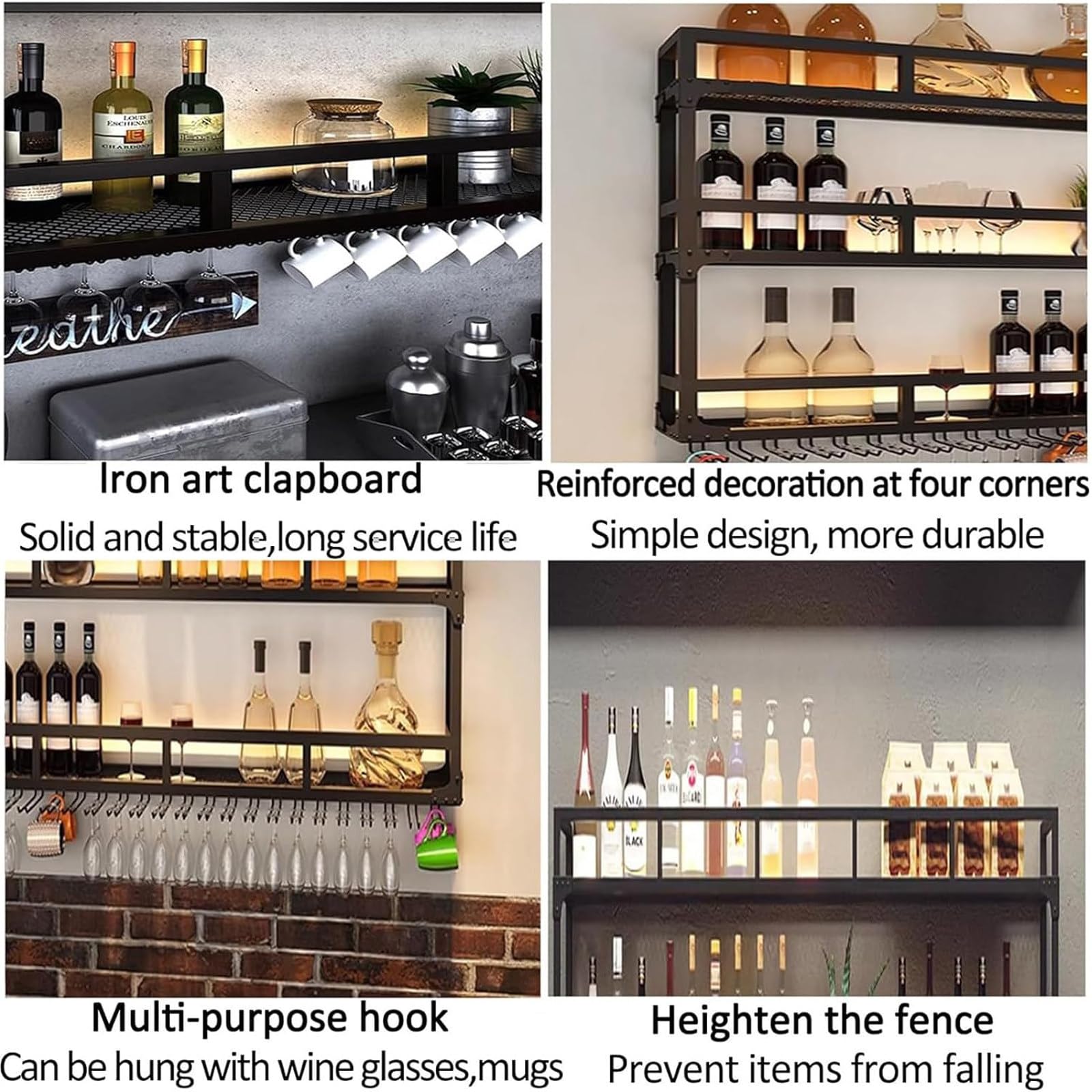 Estante De Almacenamiento Vino Moderno Montado En La Pared Con Luz LED, Estantes Flotantes Unidad De Barra, Estantes Barra Almacenamiento Cocina Para Decoración Bar Comedor De Cocina,Black-100x20x55cm