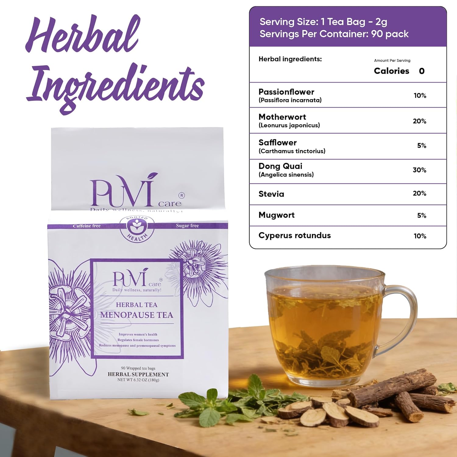 Puvi Care Menopause Tea, Dong Quai Tea for Hot Flash Relief, Herbal Tea bags Hormone BalancePassion Flower Tea Motherwort tea | Non-GMO, Sugar-Free, Gluten Free | Hot flash relief for women | 90 Bags - Image 2