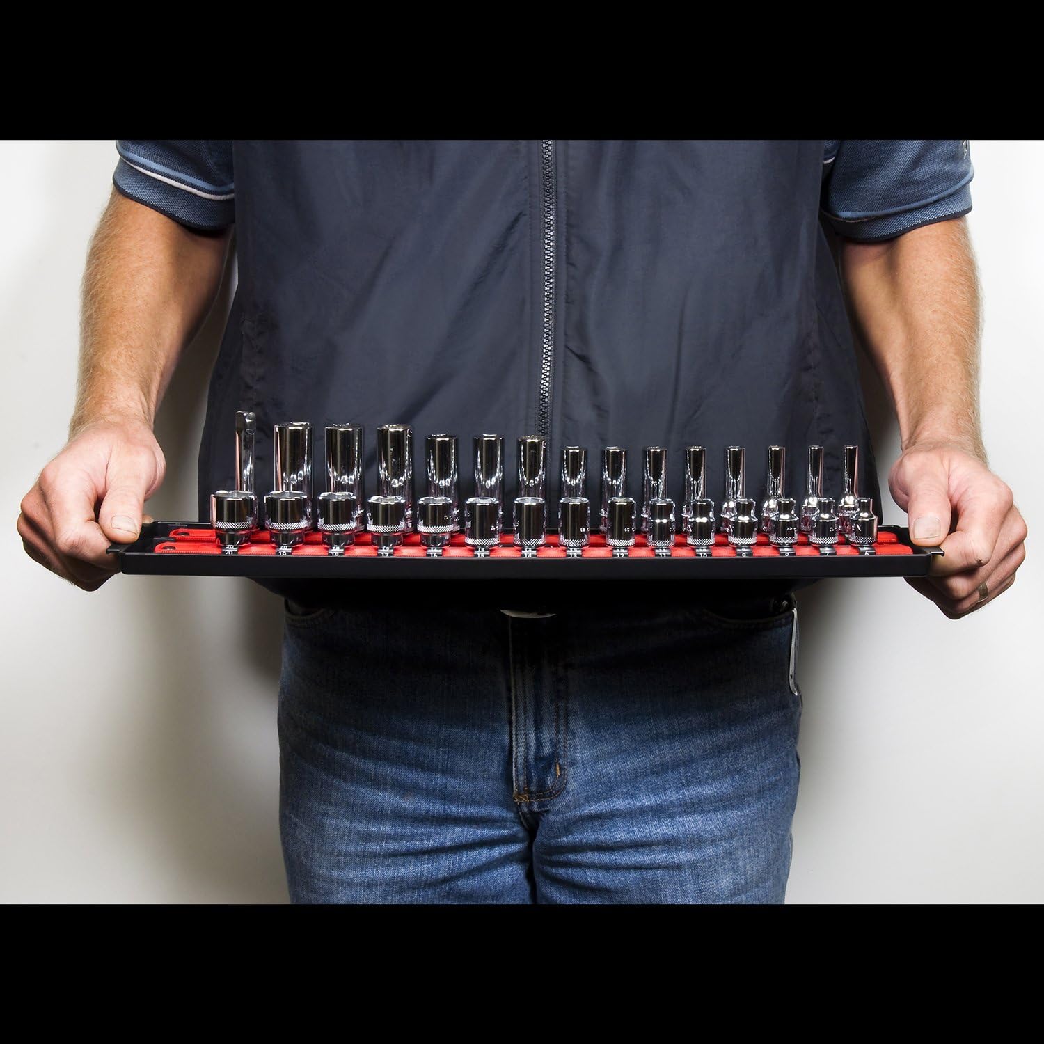 Ernst Manufacturing Socket Boss, Premium 2-Rail 3/4-Inch-Drive Socket Organizer, 19-Inch, Red - Made in the USA