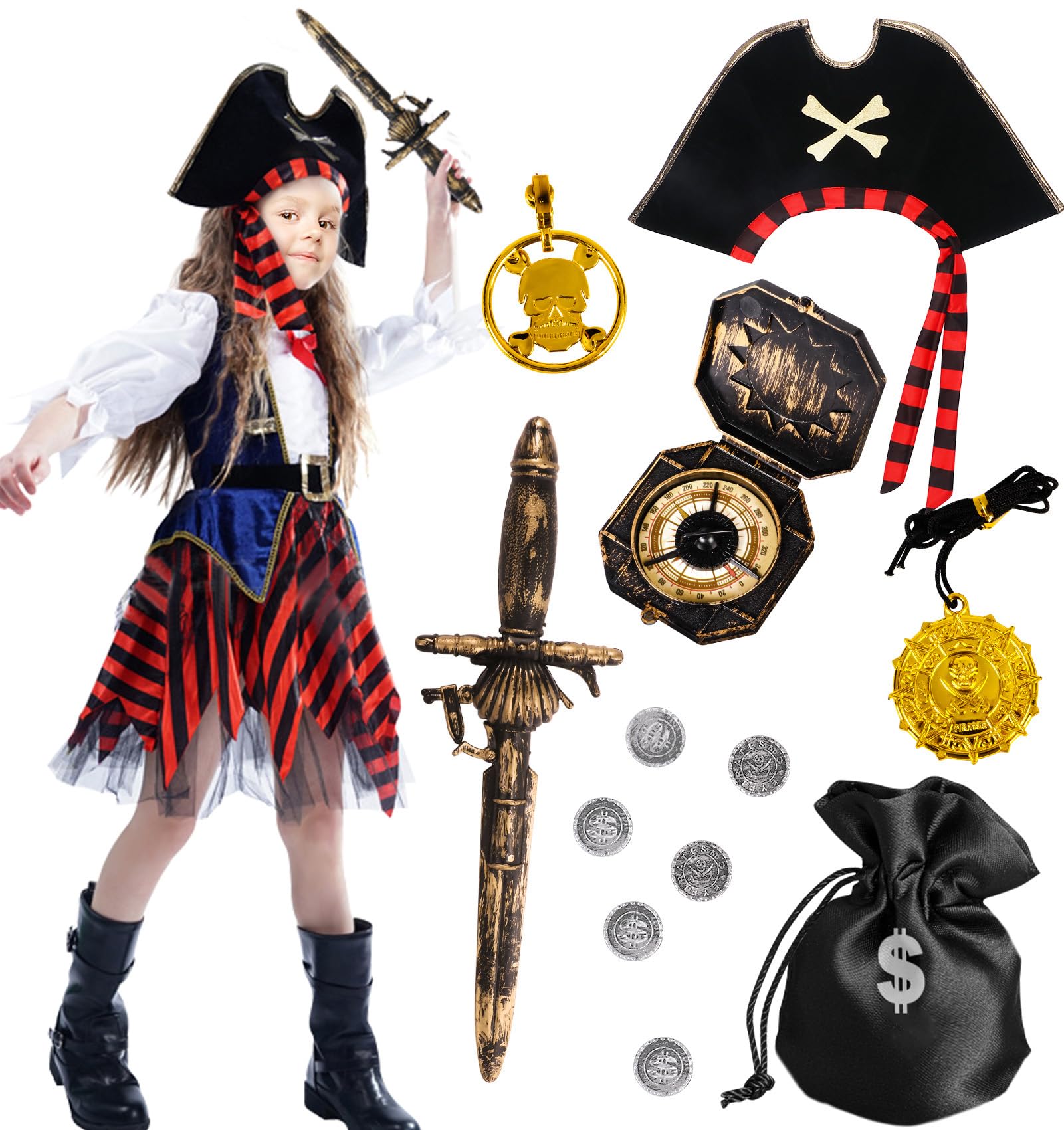 Tacobear Disfraz Pirata Niño Niña con Pirata Accesorios Pirata Sombrero Brújula Bolso Pendiente Pirata Disfraces Carnaval Halloween para Niñas Infantil 4 5 6 7 8 9 10 Años