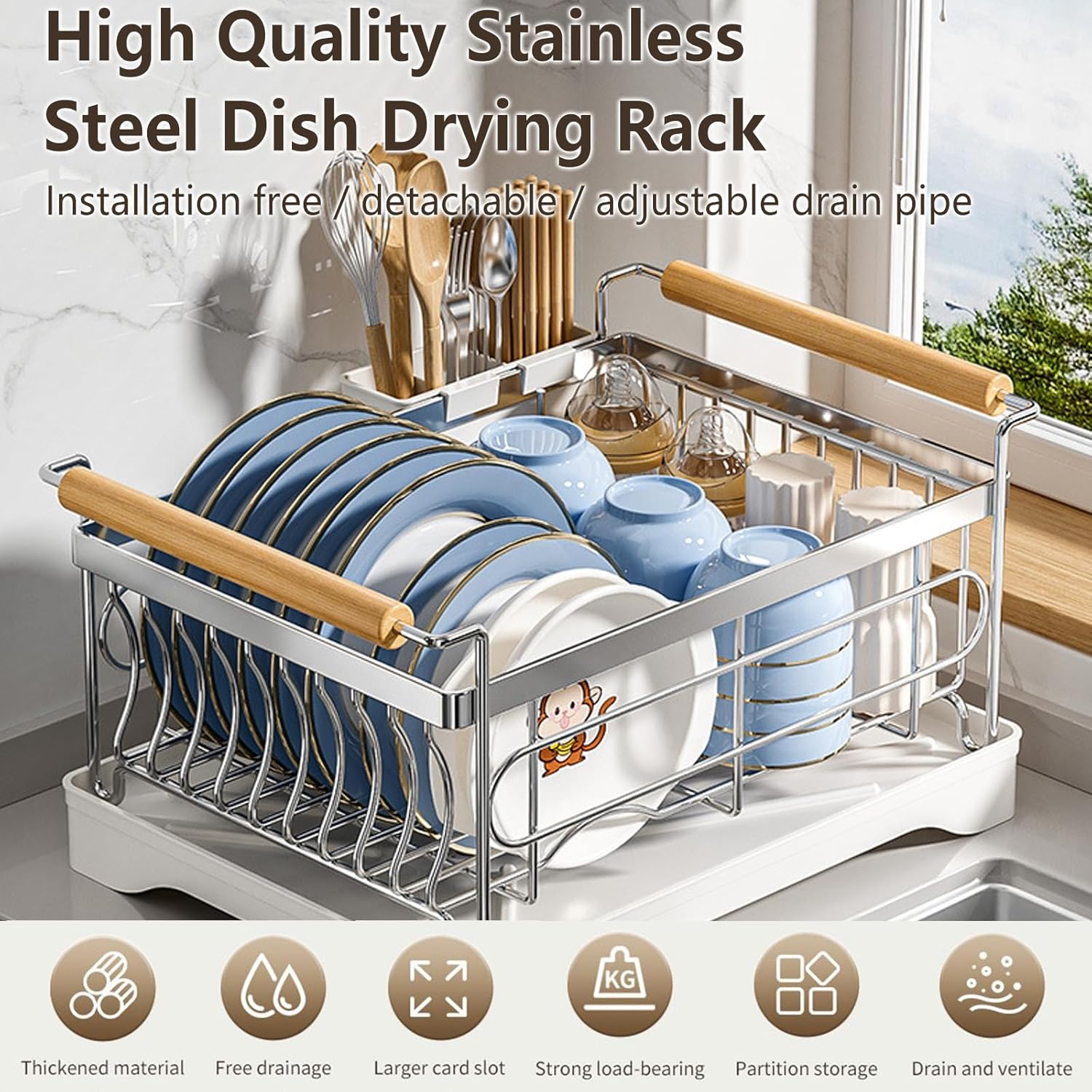 Stainless Steel Dish Drying Rack,304 Grade Rustproof Dish Rack for Kitchen Counter with Drain Board & Detachable Holder (Large & Holder)