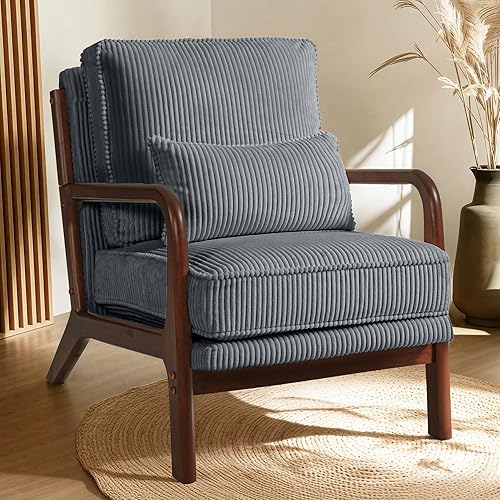 FLEXISPOT AC1 - Silla decorativa, sillón moderno de mediados de siglo con marco de madera, cómoda silla de lectura tapizada de pana con almohada