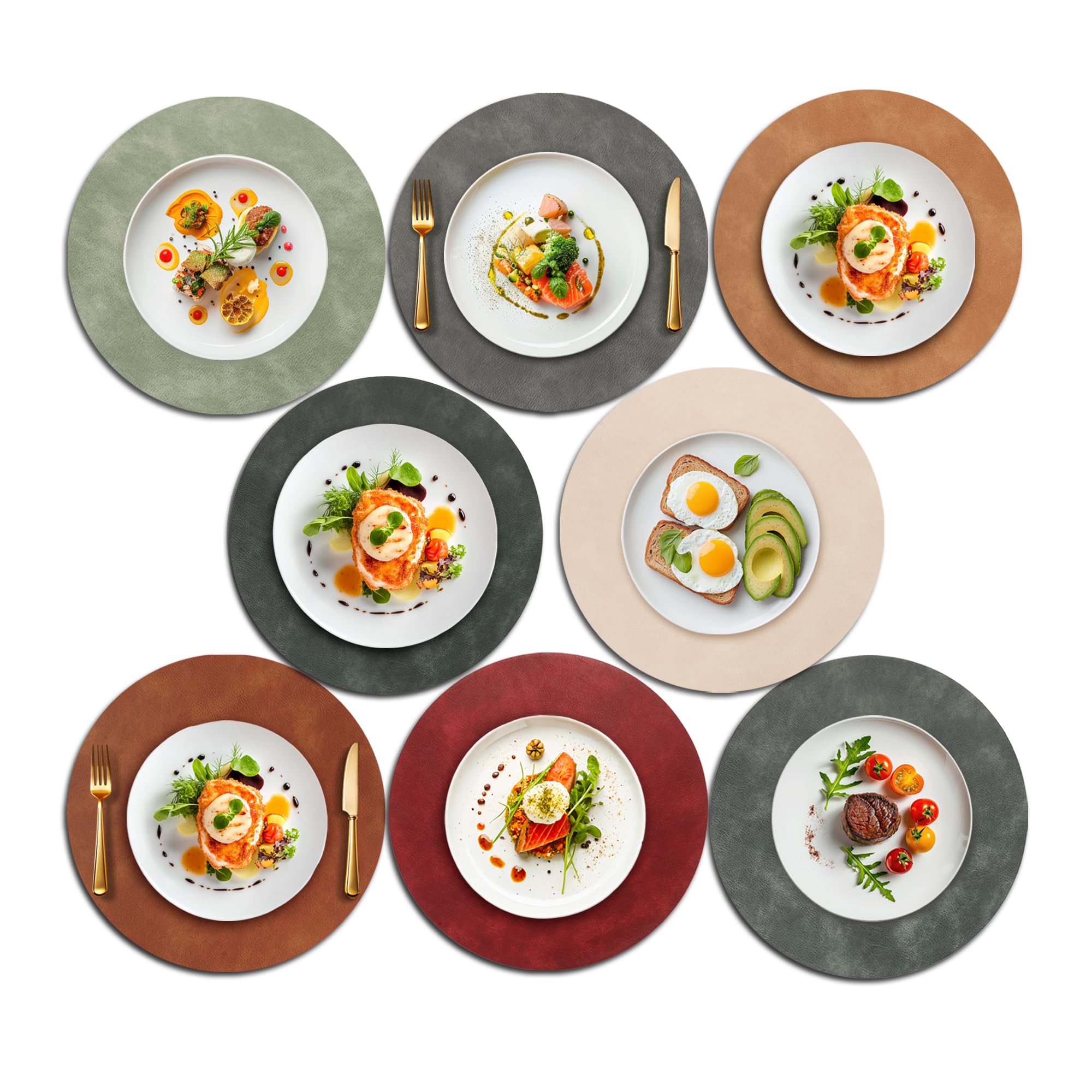 UnivoColors Placemats Round Faux Leather Placemats Set of 8-Waterproof-Wipe Clean-Heat Resistant-Anti Slip Dining Table Place Mats,Suitable for Indoor &amp; Outdoor Use,15".(Retro 8 Colors Combination)