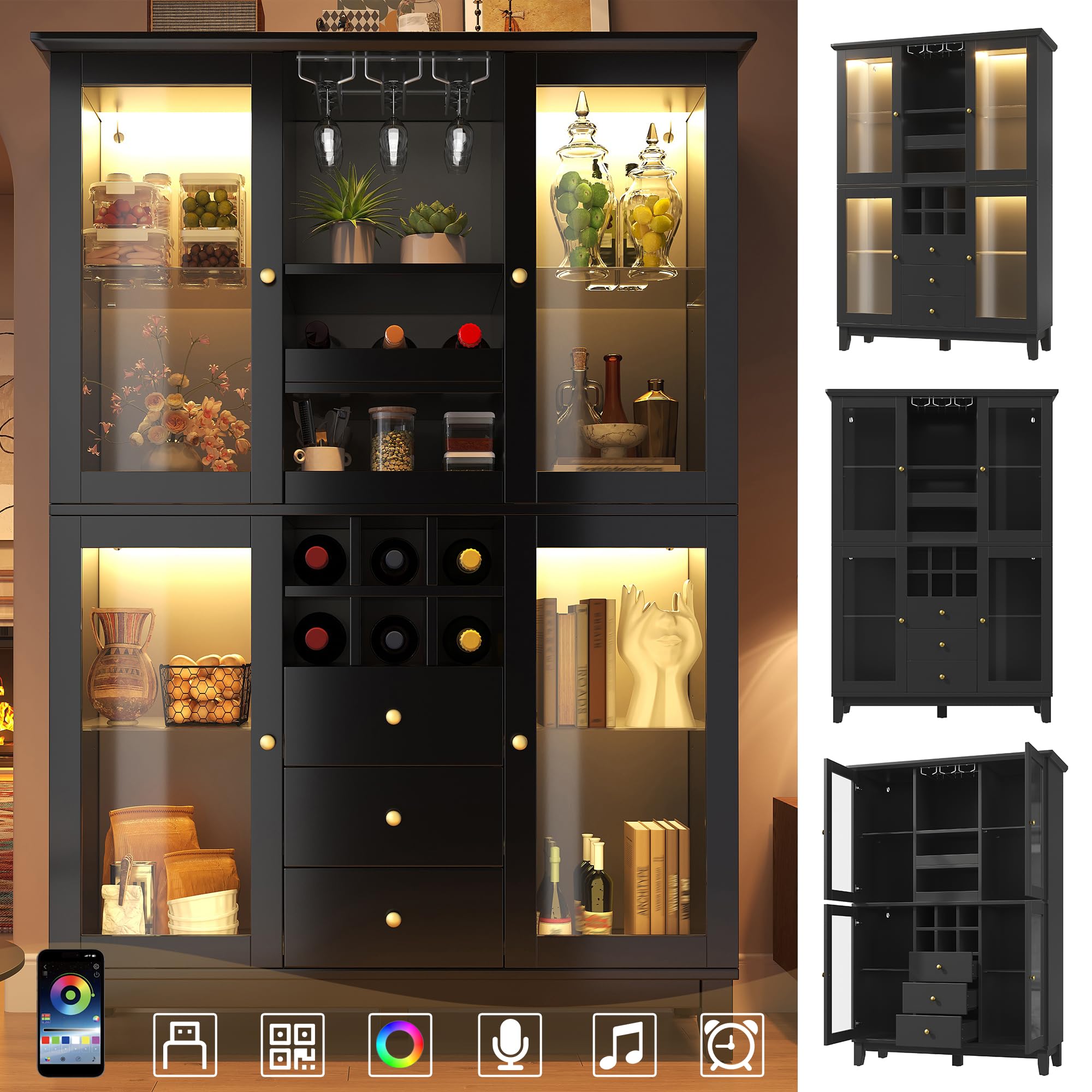 Weinschrank mit App-gesteuerter LED-Beleuchtung, 180,5x120x40 cm, Weinregal mit 3 Schubladen, Weinglas- & Flaschenhalter, Hausbar Weinbar, modernes Flaschenregal für Wohnzimmer & Esszimmer