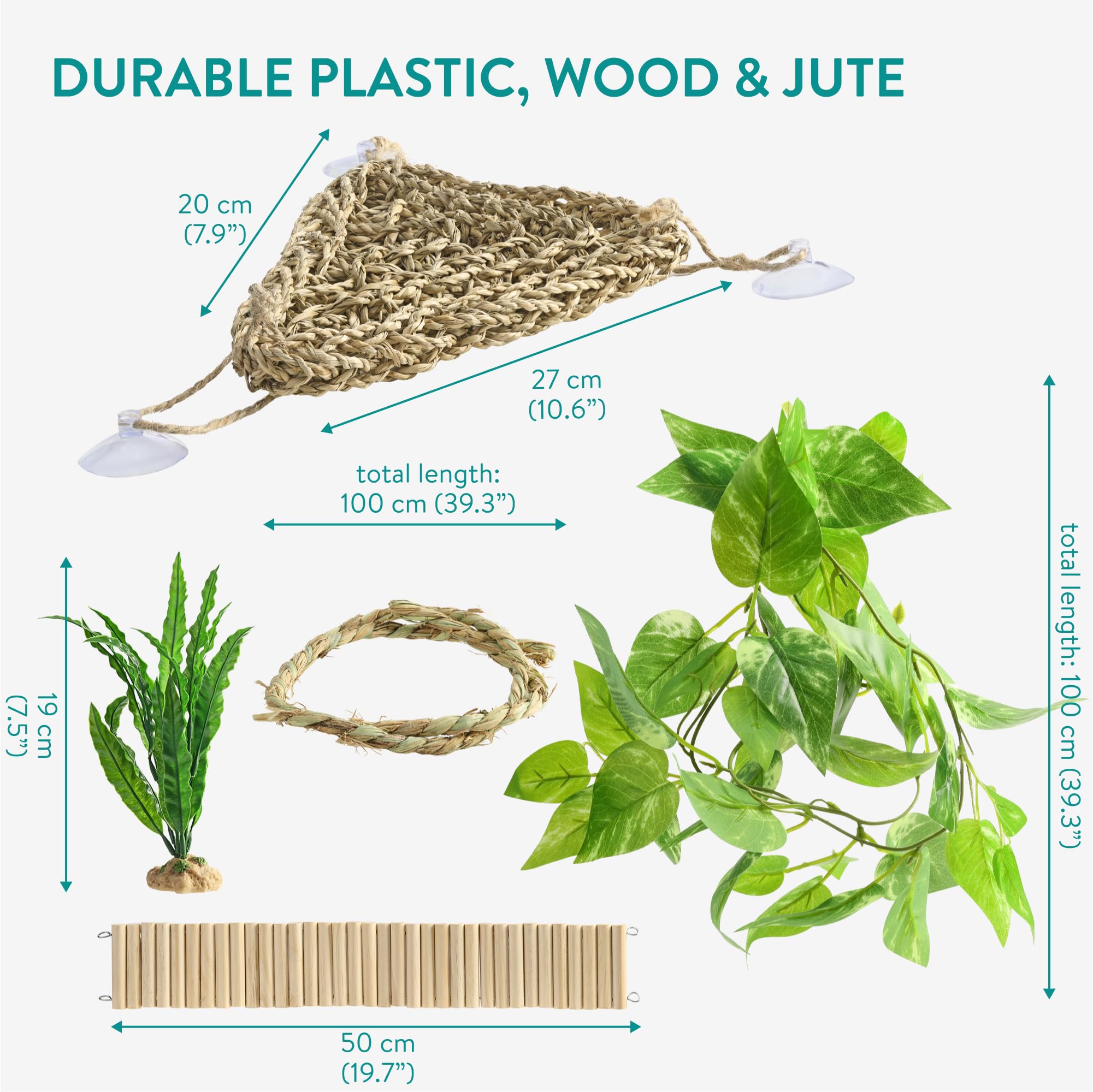 Navaris Zestaw 5 akcesoriów do terrarium z brodą, hamak trójkątny, linka 50 cm, dwie rośliny, drewniany most, pasuje dla gadów