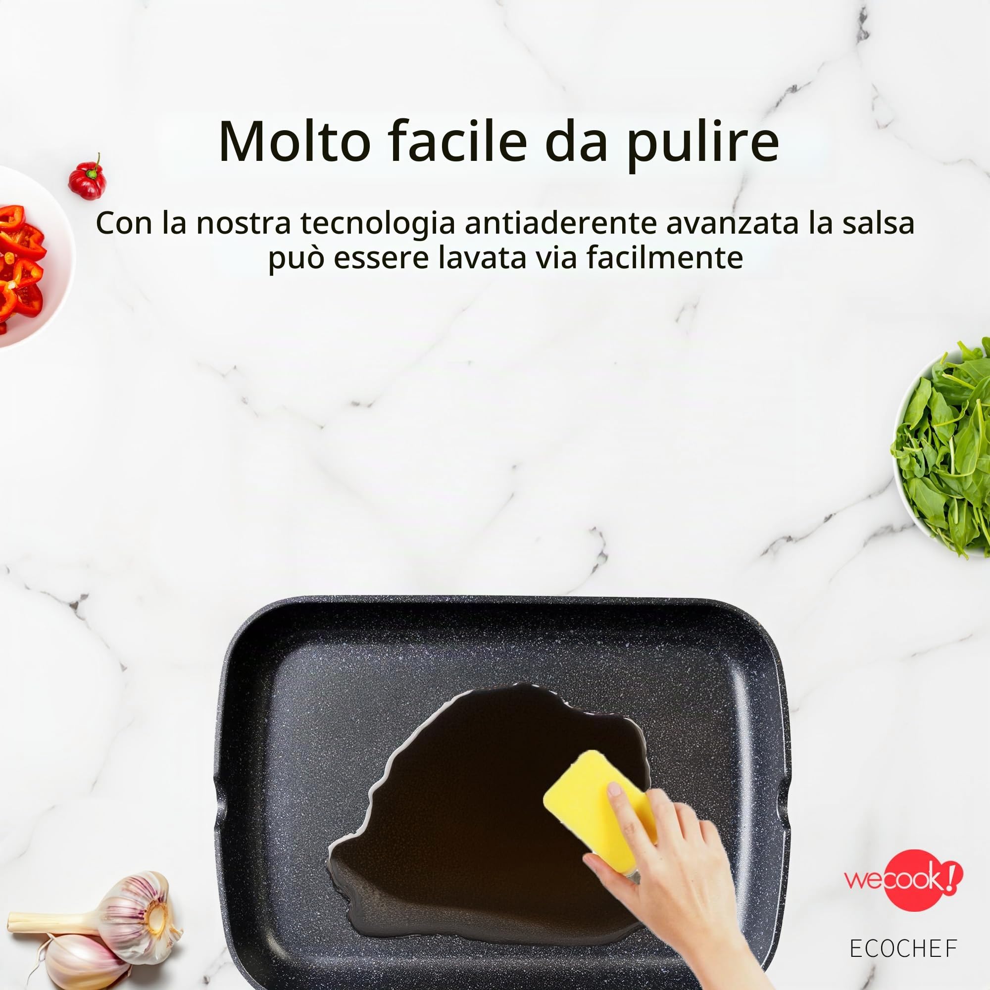 WECOOK! Ecochef Titanio Bistecchiera Liscia, Induzione, 34x24cm, Antiaderente QUANTANIUM Ecologico senza PFOA, Alluminio Fuso, 5mm di Spessore, Manico in Legno Pieghevole, Vitroceramica, Gas