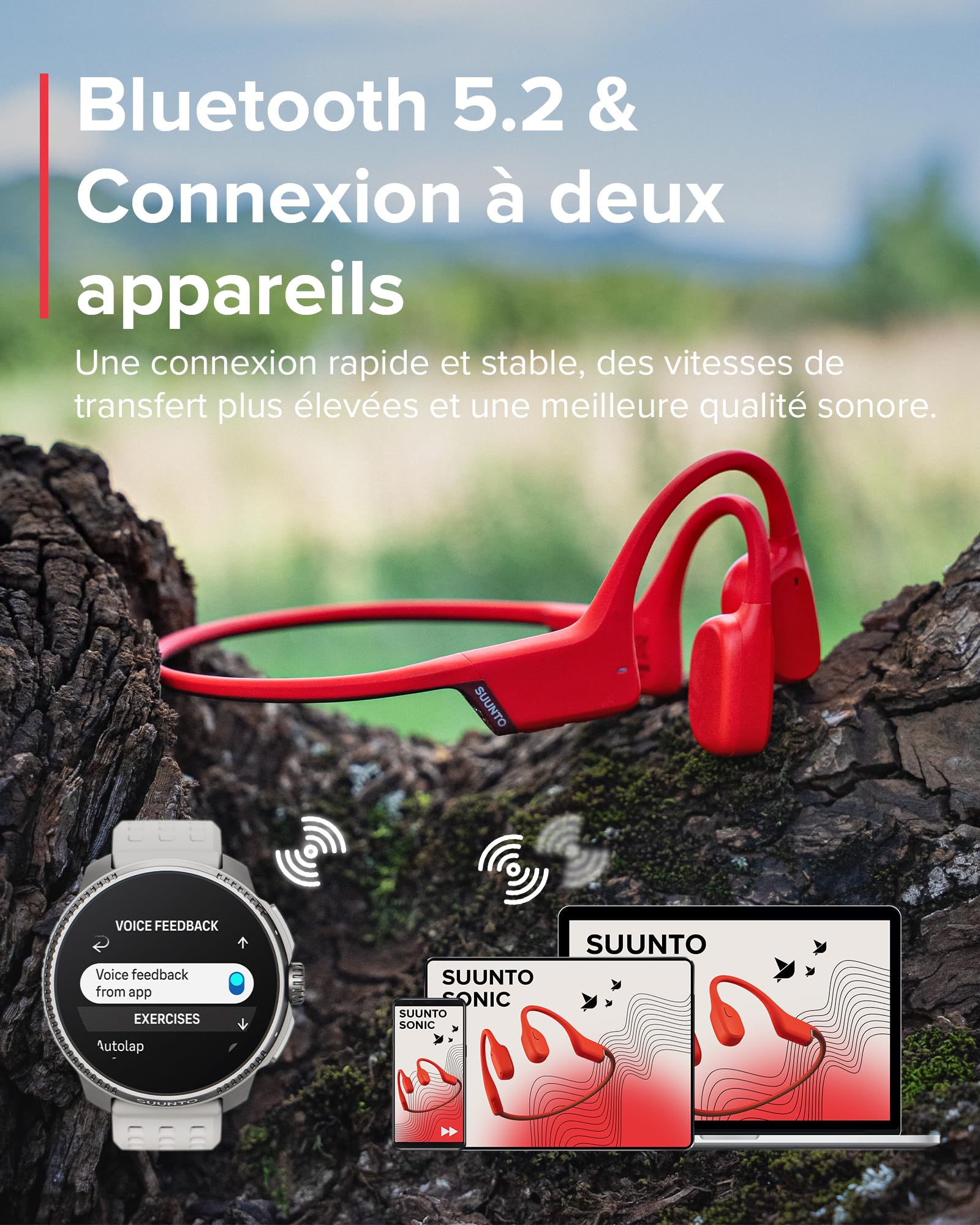 SUUNTO Sonic Casque à Conduction Osseuse sans Fil, Écouteurs Sport Confort à Oreilles Libres, Bluetooth 5.2, Qualité Sonore Supérieure, IP55 Étanche, 10H d'Autonomie, Idéal pour Running Course Vélo