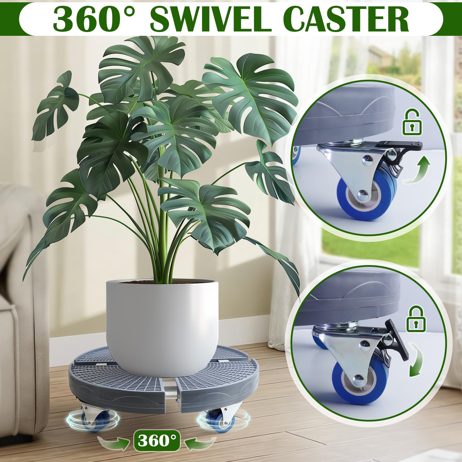 K KASONIC Pack de 2 Supports Roulants 150kg Réglable 37-43cm pour Pots | Plateau à Plantes avec 4 Roulettes, pour Intérieur et Extérieur, Inclut 5M de Liants Végétaux Déchirables