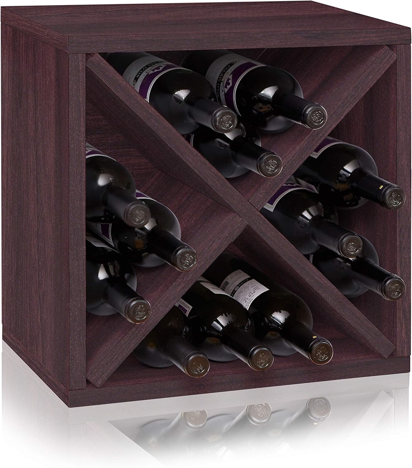 Stackable wooden wine rack cubes in a 4x4 configuration.