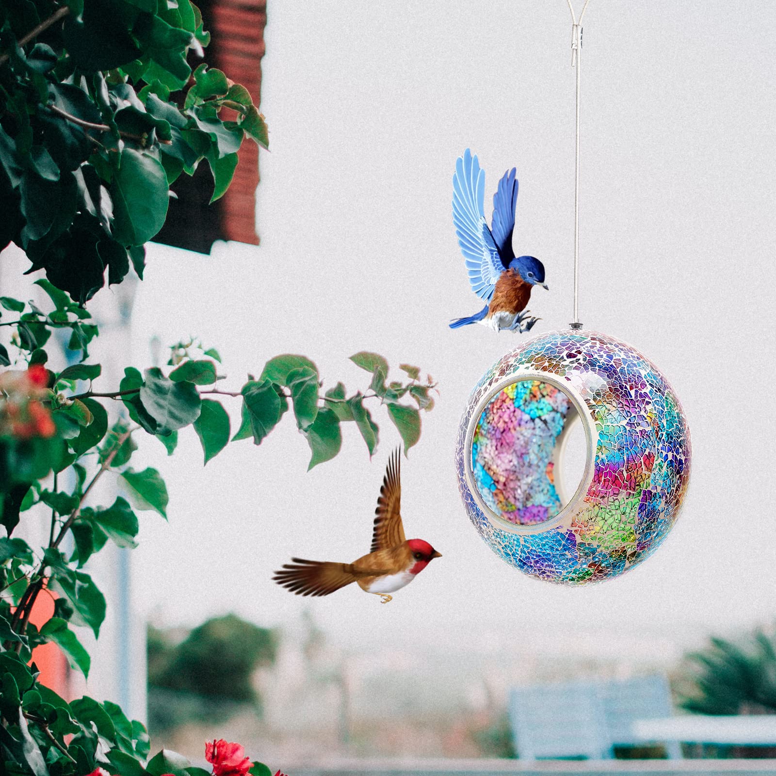 Comedero para pájaros con mosaico, comedero para pájaros para colgar en el exterior con comederos de vidrio de forma redonda para atraer pájaros silvestres para jardín, terraza, patio, patio