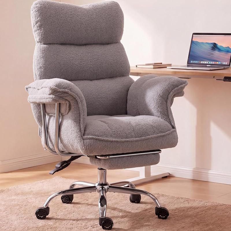Dowinx Big and Tall Office Chair, Ergonomic Desk Chair with Thick Cushion, Wide Seat & Armrests Computer Gaming Chair,High Back Reclining Teddy Fleece Criss Cross Chair with Foot Rest, Gray