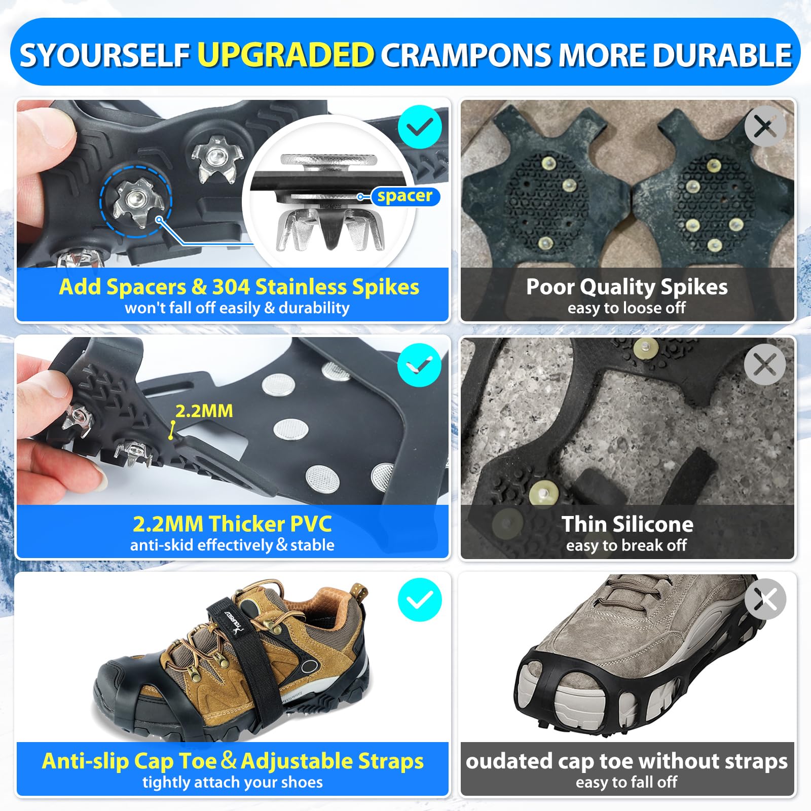 SYOURSELF Ramponi da ghiaccio per stivali invernali, ramponi antiscivolo per stivali da camminata, tacchetti di trazione per neve e ghiaccio, per bambini, donne, uomini, pesca, corsa, escursionismo