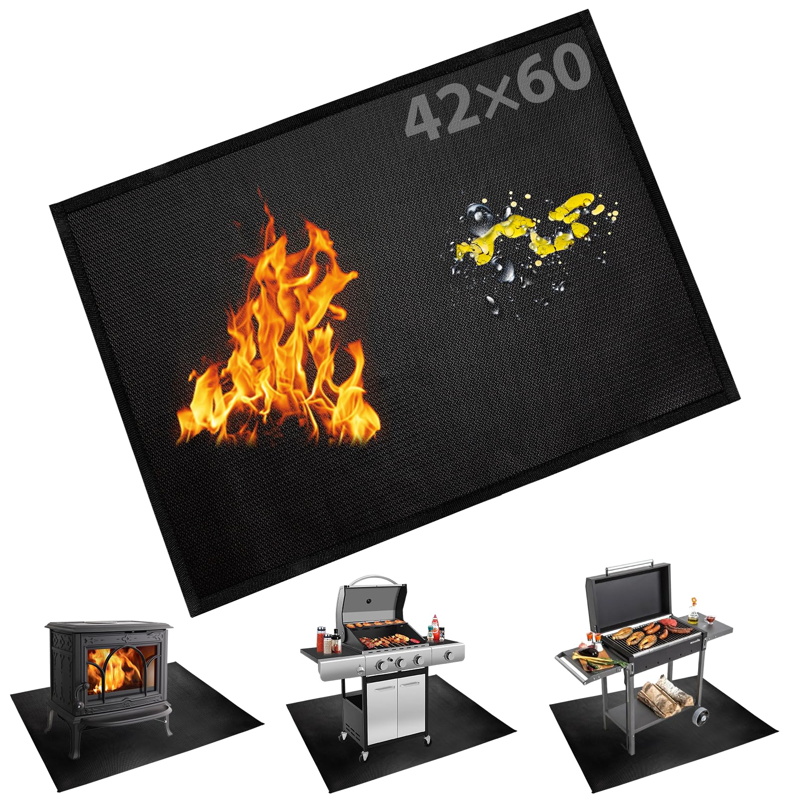 BAKEWAY Tapete para fogatas debajo de la parrilla, impermeable, para barbacoa, camping, estufa, reutilizable, fácil de limpiar, protector de cubierta al aire libre (42 x 60 pulgadas)