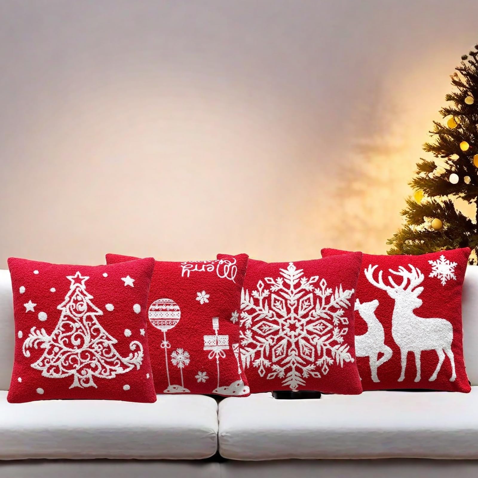 Fundas de almohada rojas navideñas de 18 x 18 pulgadas, funda de cojín suave para decoración de sofá, funda de cojín suave con copo de nieve para sala de estar (ciervo)