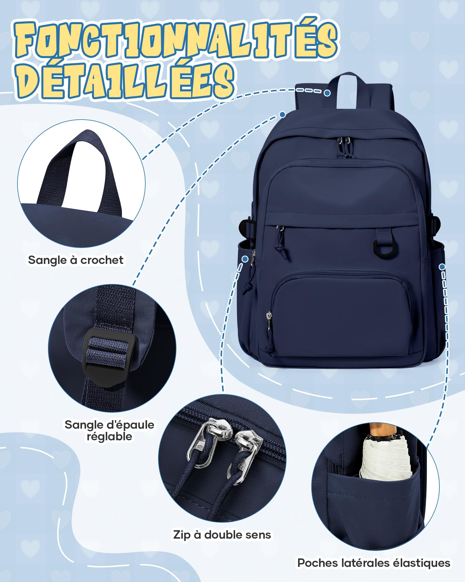 Sac à Dos College Homme Femme, Résistant Cartable Garcon Fille, Sac à Dos Scolaire Adolescents, Sac a dos avec Multi-poches, Loisir Unisexe Zaini Backpack,Bleu Foncé