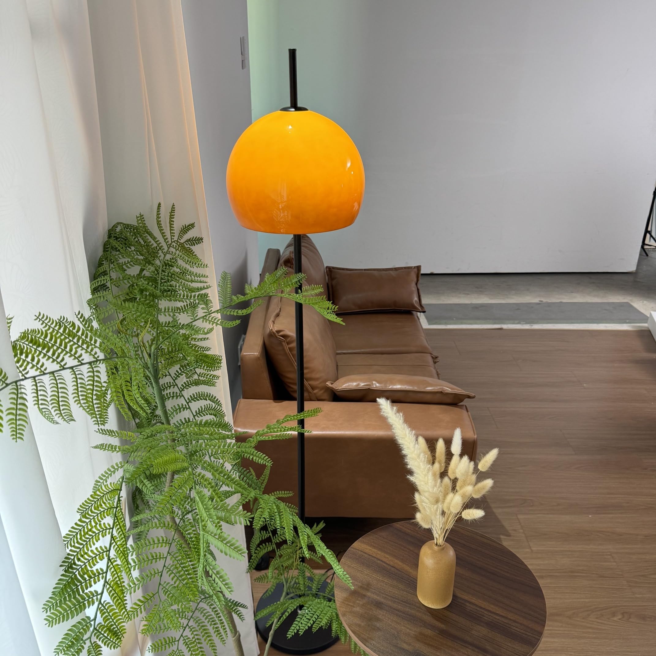 Agteruo Bauhaus Style Orange Glass Floor Lamp Dome Shaped Mid Century Modern Mushroom Standing Lamp Art Deco Tall Lamp Nordic Floor Light for Living Room Bedroom - Black Base