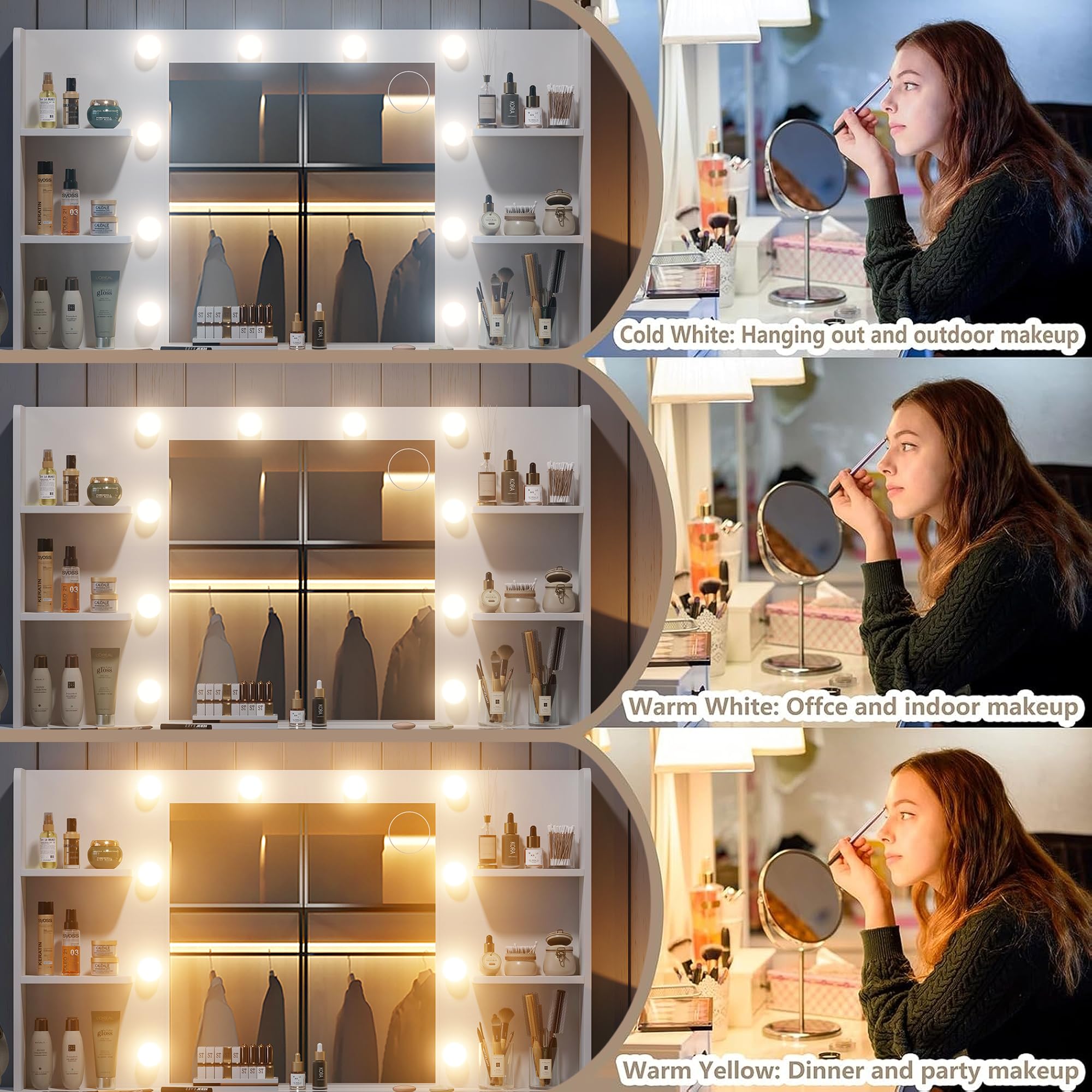 Yanosaku Tavolo da toeletta con alimentazione 47 pollici più largo con specchio e 12 luci a LED, 3 modalità di illuminazione a colori, 11 cassetti, 4 ripiani, pannello pieghevole in vetro, set da