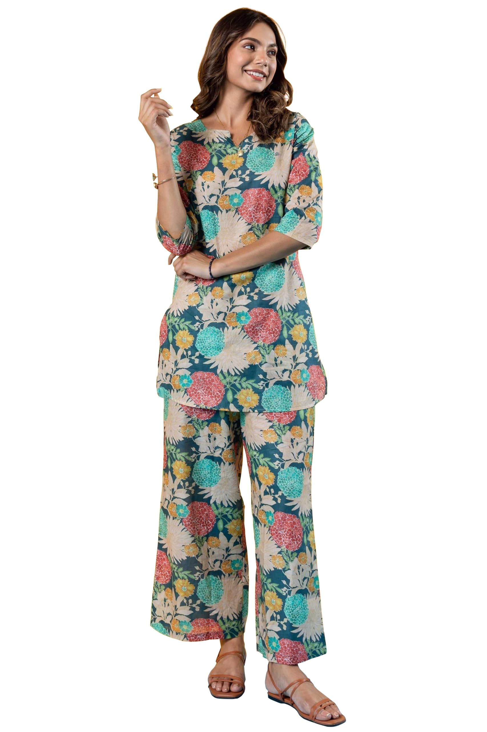 Sugathari Women's Dress Blue Keyhole Neck Co-Ods Set For Women (Co-Ods 97 Blue L)
