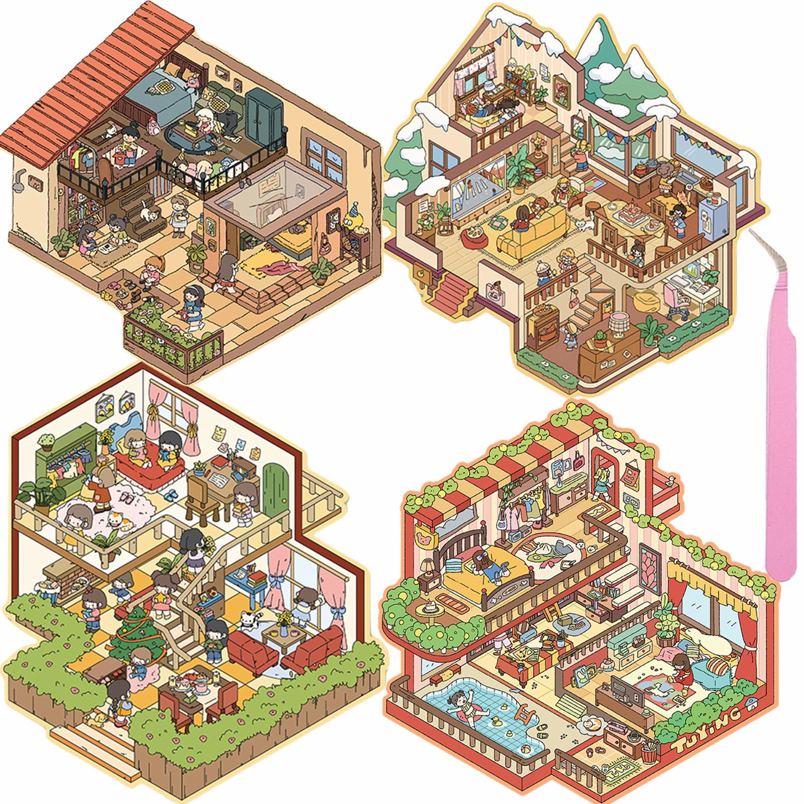 Wnqou 4 Sets DIY 3D House Stickers, Large -Version 3D Scene Simulated Cabin Scene Game