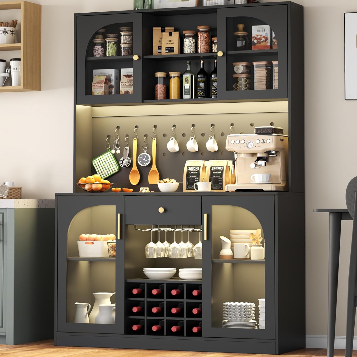 72'' Tall Kitchen Pantry Storage Cabinet with Led Light - Black Pantry Cabinet with Storage Drawers & Pegboard, Kitchen Hutches Cabinets with Wine Racks & Glass Door, Wine Bar Cabinet for Living Room