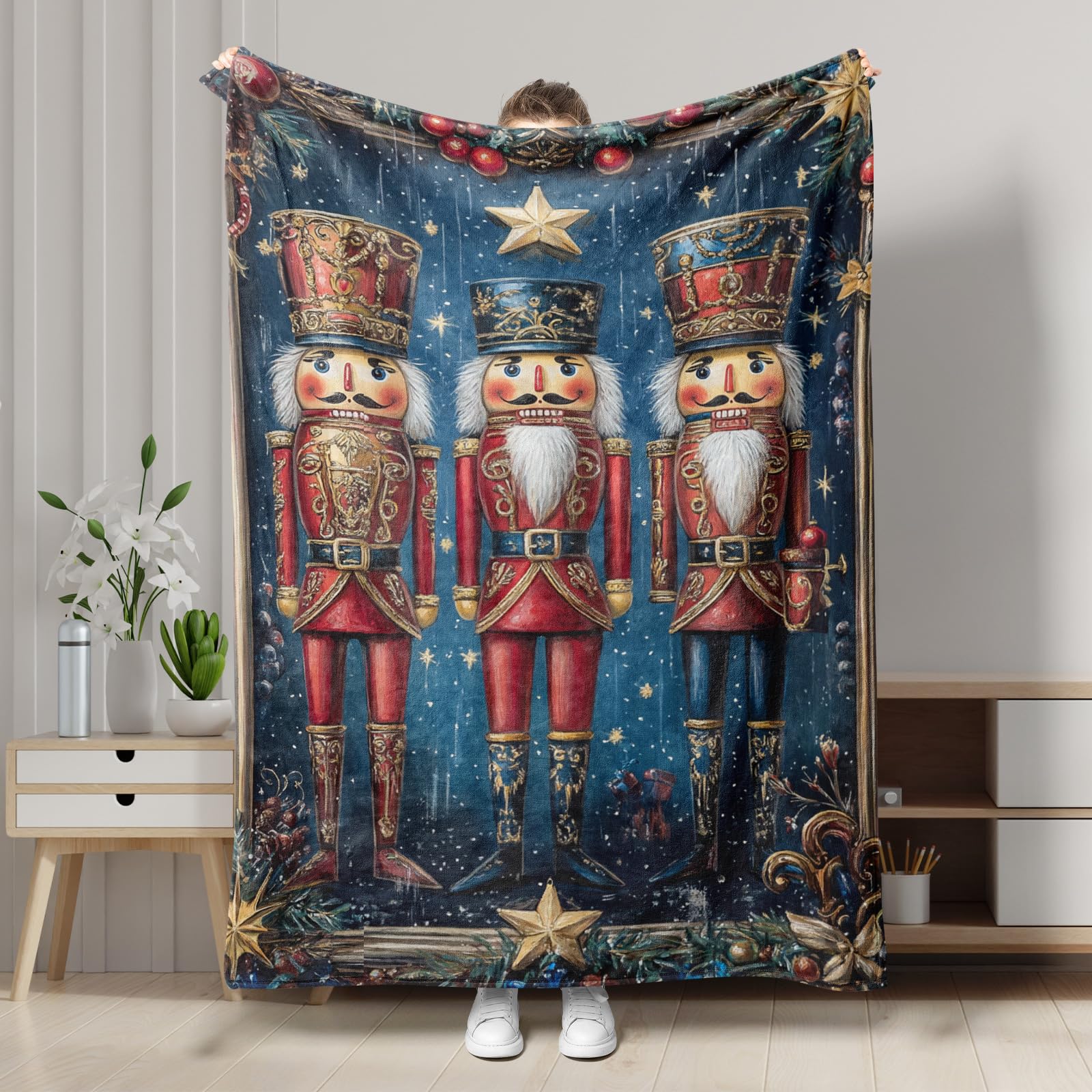 Nutcracker Holiday Blanket, Red Festive Nutcracker Decorative Throw Blanket, Xmas Soft Cozy Plush Blanket for Sofa, Bed, All Season 40x50 Inch