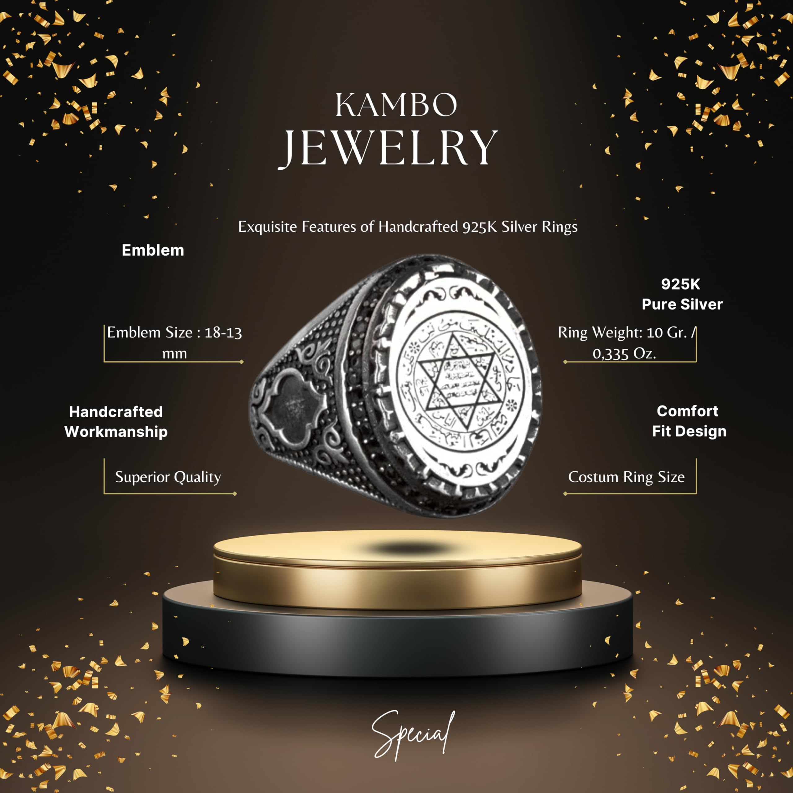 KAMBO Anillo islámico de plata de ley para hombre, sello grabado con sello de Salomón, anillo grande vintage hecho a mano, piedra preciosa de plata, ónix