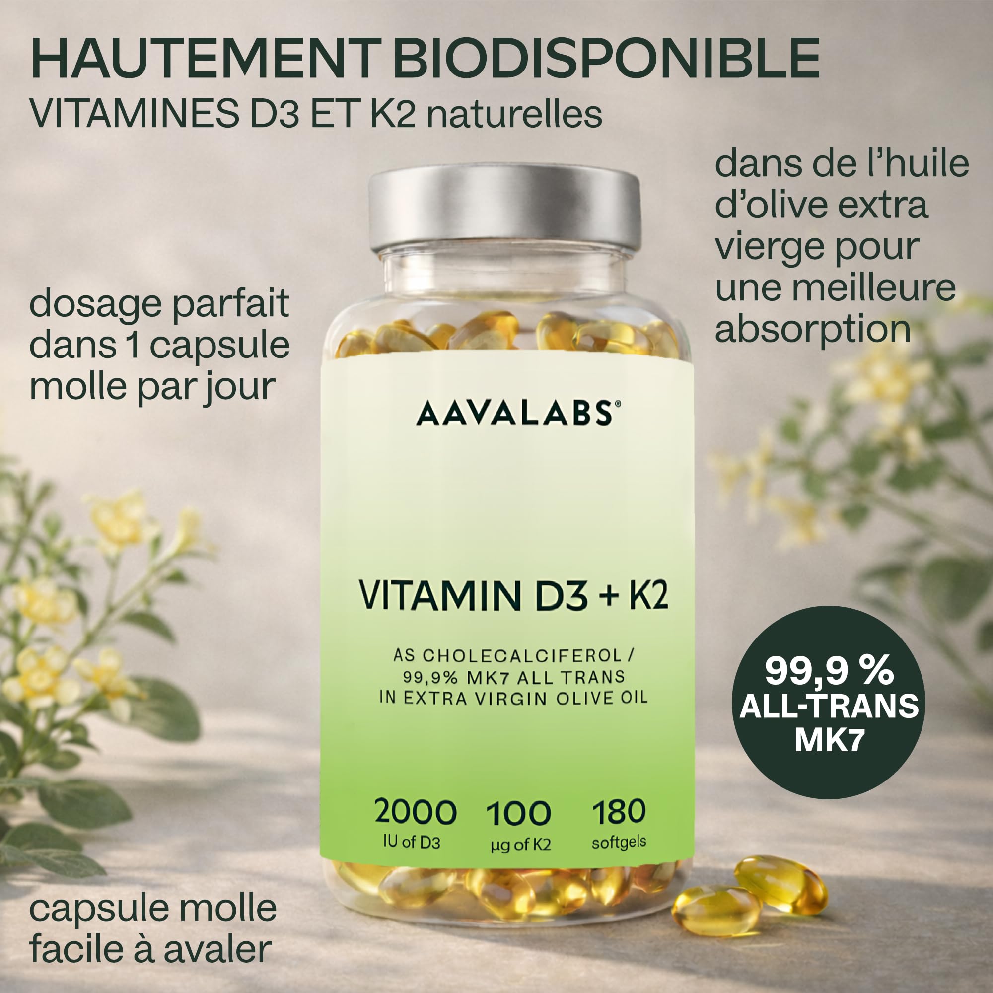 Vitamine D3 K2 avec de l'Huile d’Olive Vierge - Vitamine D3 2000 UI et Vitamine K2 MK7 100 μg pour Os, Muscles, Système Immunitaire - Vitamine D Vitamine K sans OGM, Gluten et Lactose - 180 Gélules