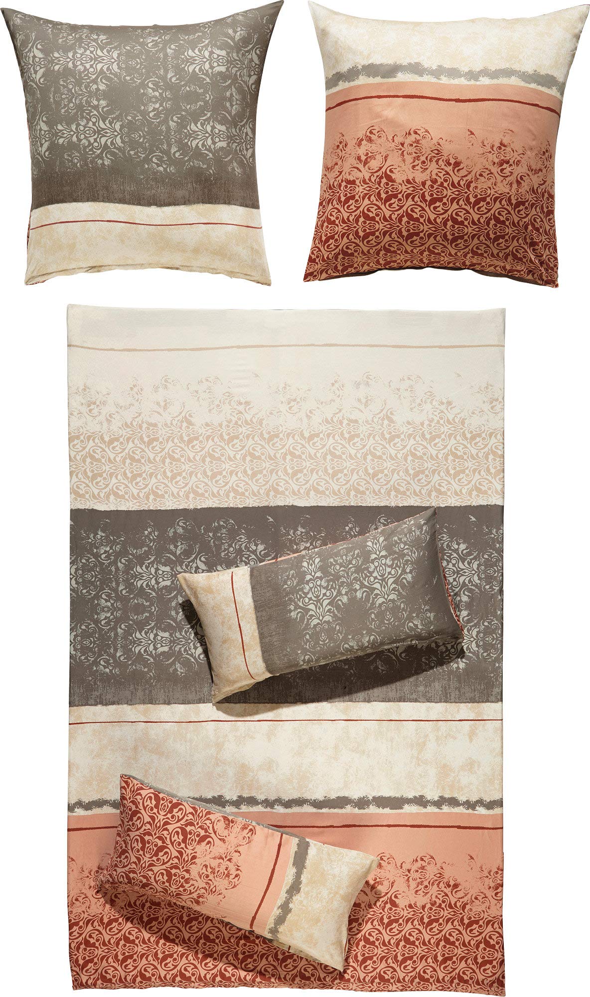 Erwin Müller Bettwäsche, Bettgarnitur Mako-Satin Ornamente rot-Kiesel-beige Größe 40x80 cm / 135x200 cm - feinste Baumwolle, angenehmes Schlafklima, mit praktischem Reißverschluss