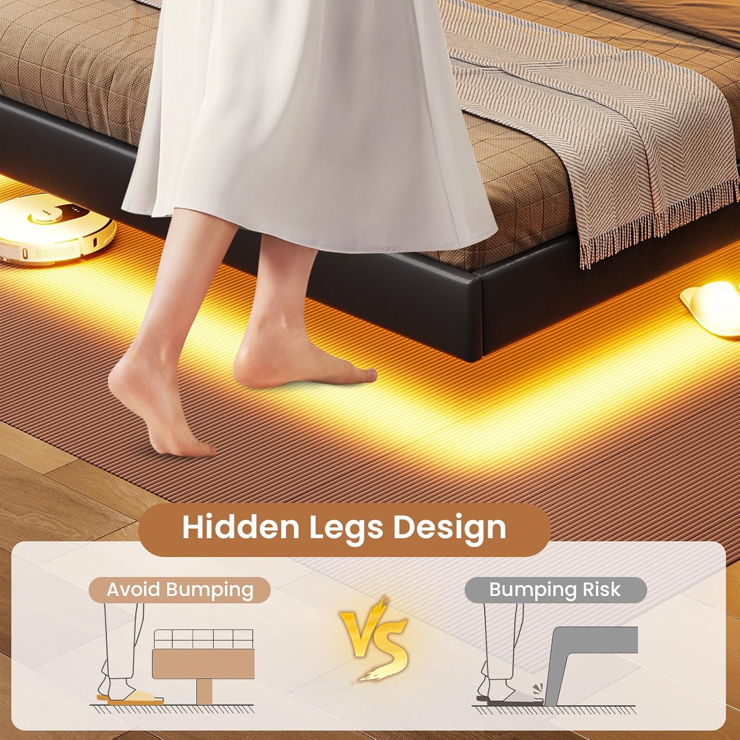 Close-up view of the bed frame's internal structure, showing heavy-duty metal crossbars and wooden slats with a velcro strip for attachment.