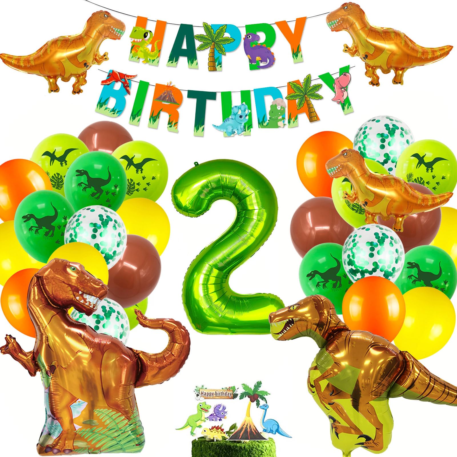 Dinosaur Party Supplies for 2 Year Olds,Foil Balloons Set Birthday Party Decorations Kit Foil Balloons,Banner,Cake Toppers for Boys Girls Birthday Party