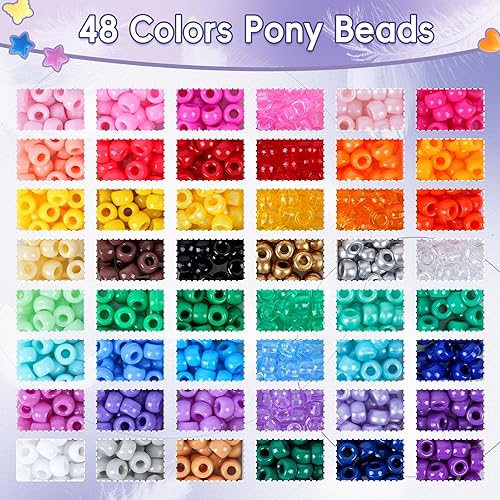 Miniatura 3 de QUEFE Juego de pulseras de cuentas de poni, 1900 unidades, 48 colores, kit de pulsera de amistad con cuentas Kandi de arco iris, cuentas de letras