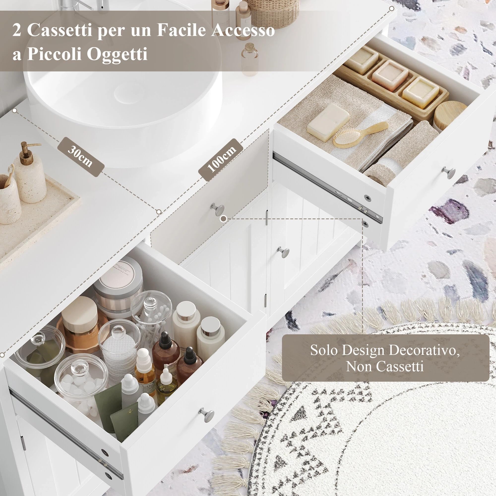 FOREHILL 100cm Mobile Sottolavabo per Bagno Grande, Mobile Bagno a 2 Cassetti e 3 Ante, Mobiletto Portaoggetti da Terra, Scanalatura a Forma di U, 100x30x61cm (Bianco)