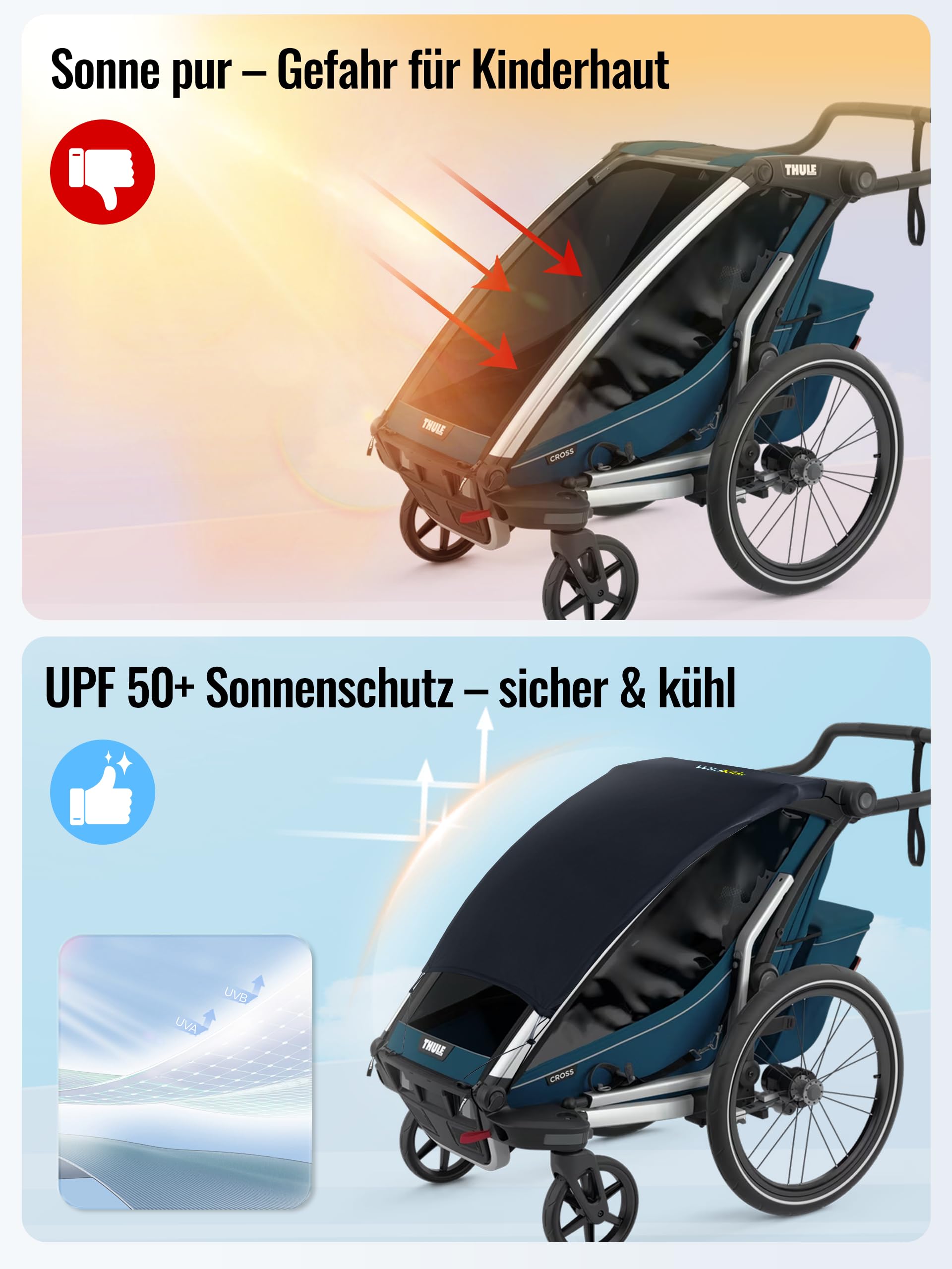 WildKids Protezione solare per rimorchio per bicicletta UPF50+ regolabile compatibile Thule Kesser Hauck