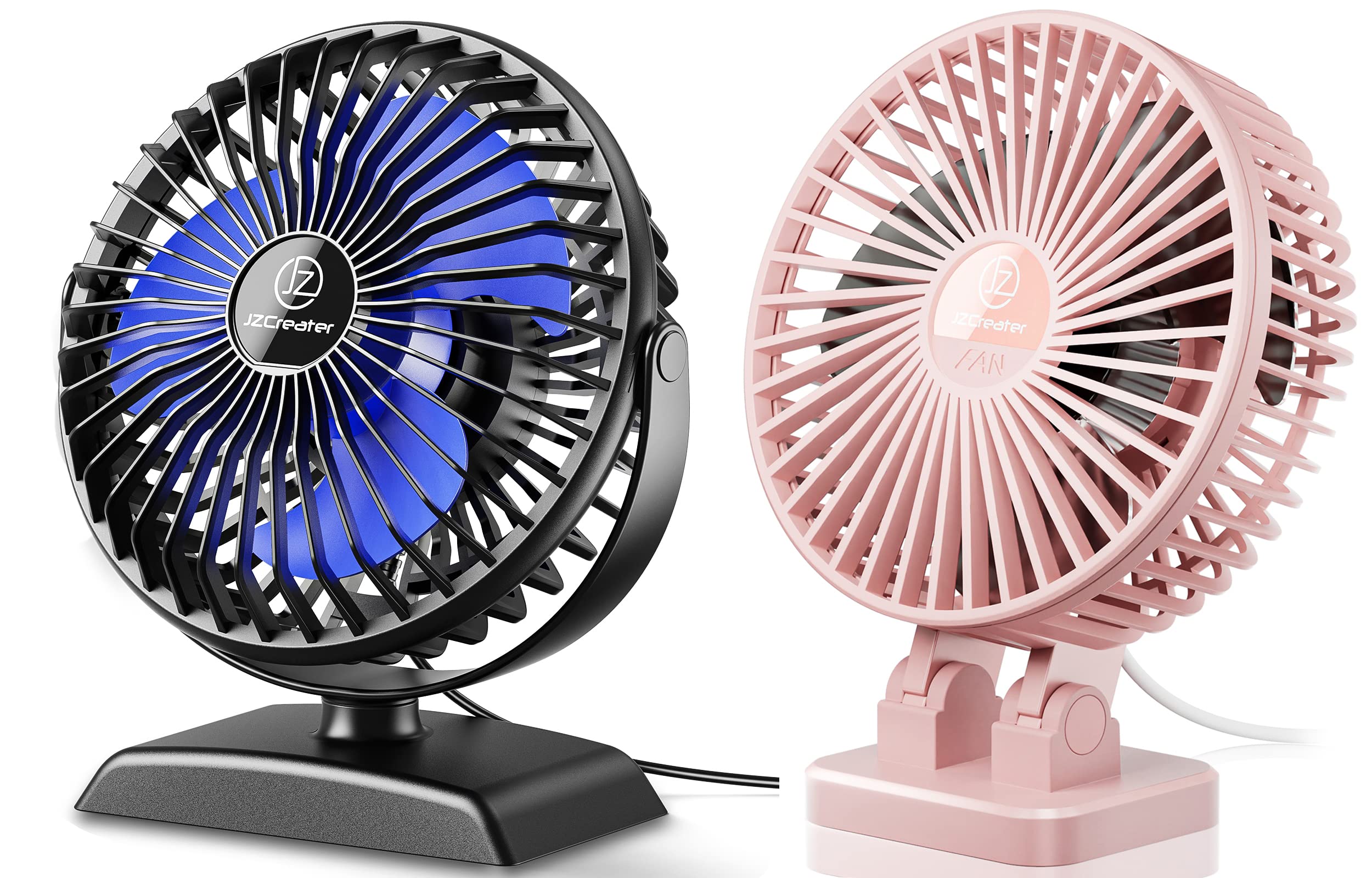 JZCreater2Pack Desk Fans, 3 Speed, Quiet Mini Fan, USB Powered, Protable Small Fan for Home Office Bedroom Car Travel, Black+Blue