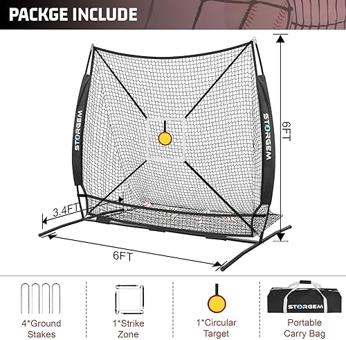 Miniatura 2 de Storgem Red de práctica de béisbol y sóftbol de 6 x 6 pies, red de béisbol portátil para batear, golpear, lanzar y lanzar, con bolsa de transporte,