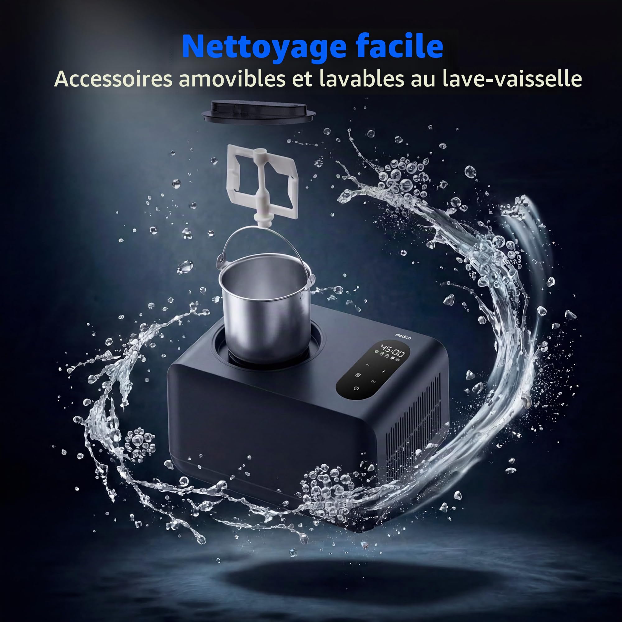 MEDION Sorbetière à compresseur, glace yaourt et granité sans prérefroidir | Écran tactile, auto-refroidissante, avec verre doseur, cuillère et spatule, MD 100087