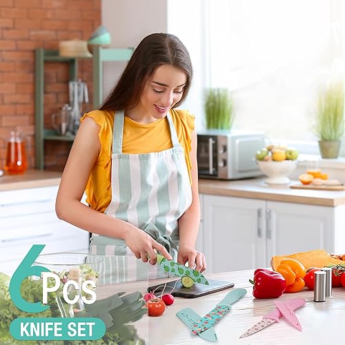 Miniatura 9 de HAUSHOF Juego de cuchillos de cocina, juego de cuchillos coloridos de 12 piezas con fundas, cuchillas de acero inoxidable con revestimiento