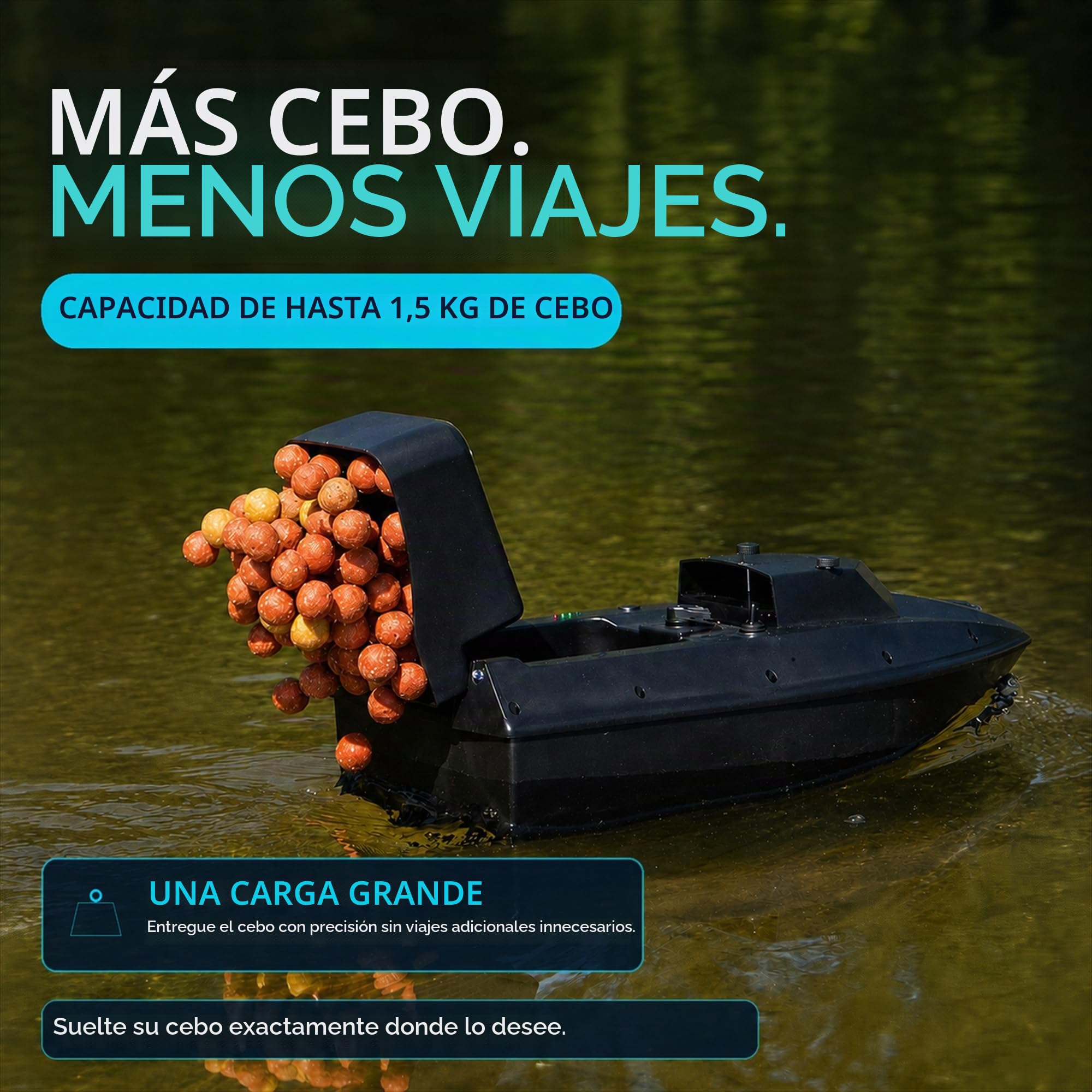 Barco cebador la Pesca de Carpas – Nuevo Modelo con Control de Crucero, 1,5 kg Capacidad de Carga, 500 m de Rango, 3 Horas de navegación, Luces LED – Barco Baitboat Carpa con Control Remoto