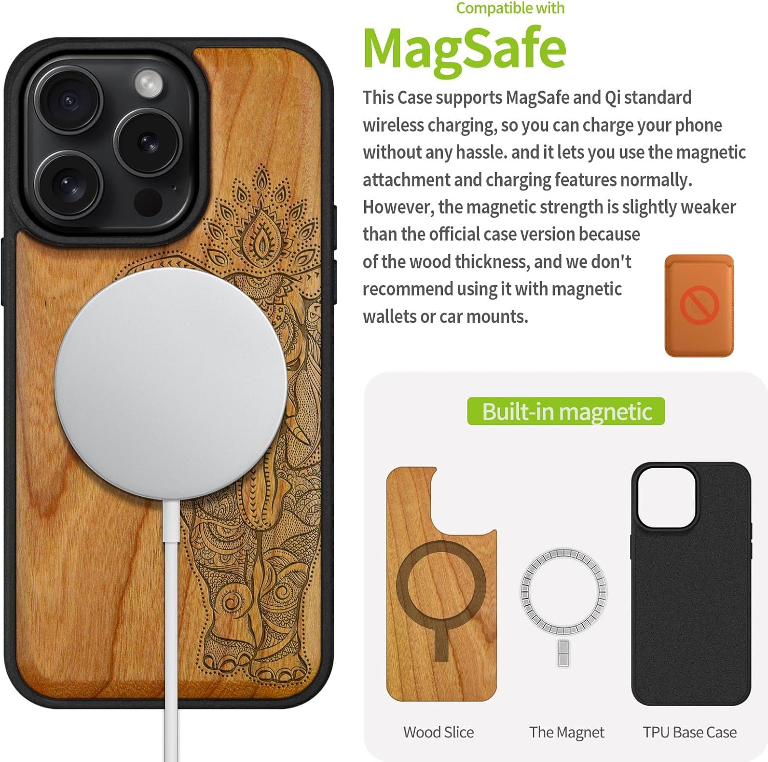 Carveit Magnetic Wooden Case for iPhone 16 Pro Case, Wood Artisan Engraved & Black Soft TPU Shockproof Cover, Compatible with MagSafe Wireless Chargers (Indian Lotus Elephant) Cherry
