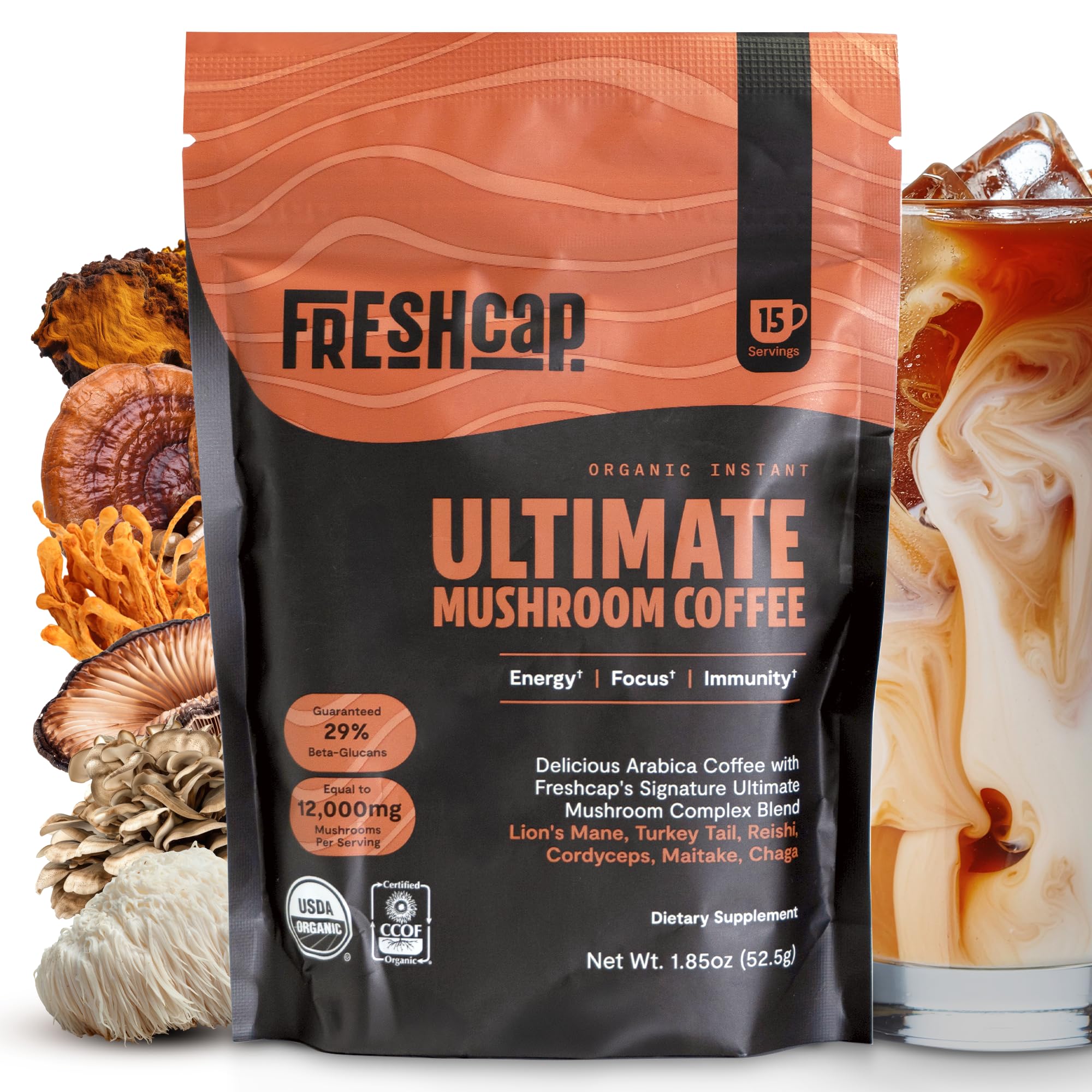 Freshcap Premium Mushroom Coffee, Organic Instant Coffee, 15 Servings - 12:1 Fruiting Body Extract, 29% Beta-Glucans, 3rd-Party Tested with Lion’s Mane, Reishi, Cordyceps, Chaga, Turkey Tail & Maitake