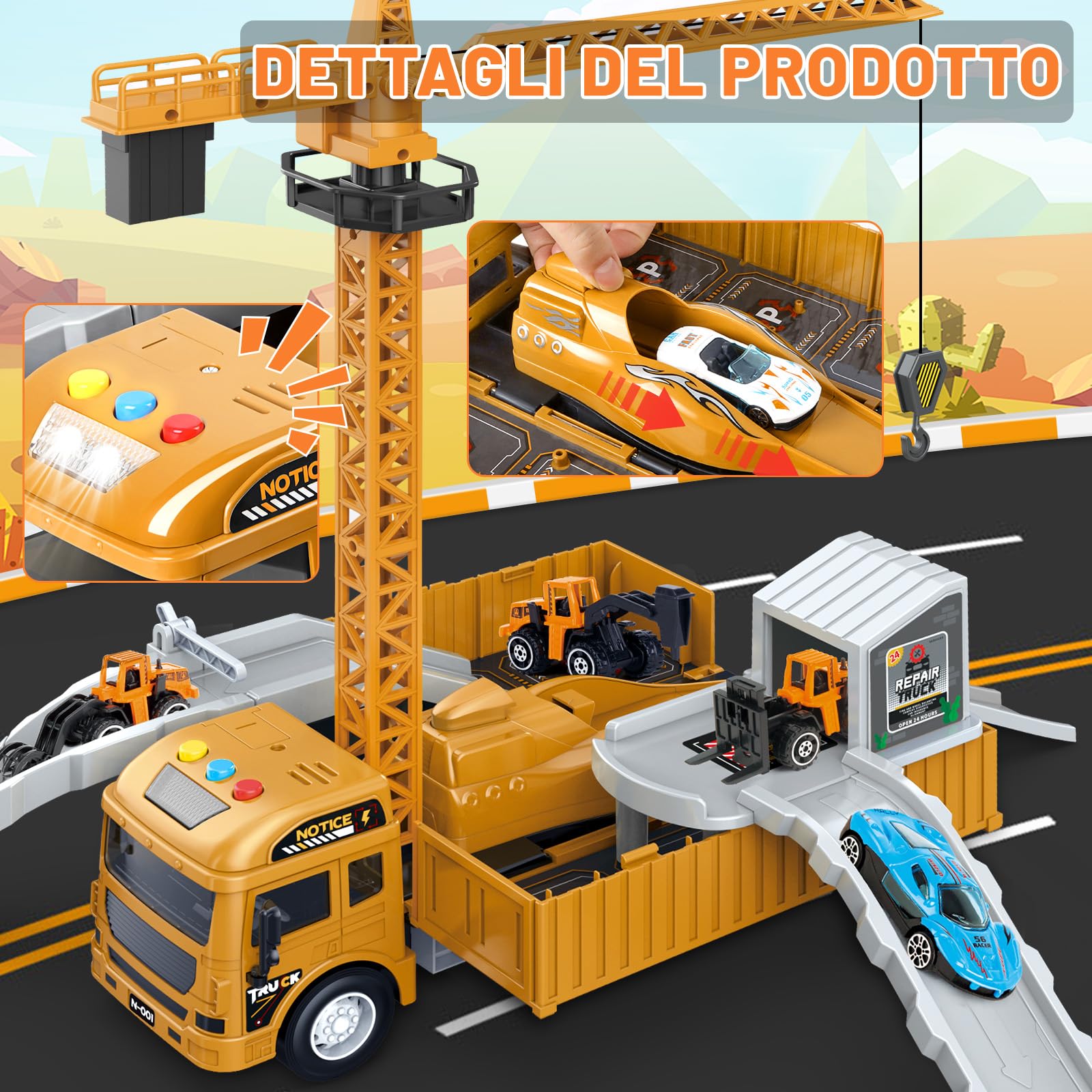 Camion Giocattolo per Bambini, Camion da Cantiere Giocattolo con Gru, Veicoli da Cantiere con Suoni e Luci, Regali di Compleanno e Natale per Bambini dai 3 Anni in Su