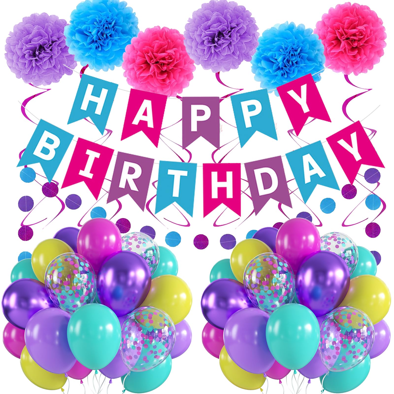 Birthday Decorations Purple Blue Pink Bright for Women Children Home & Office Party Decor with Happy Birthday Banner Balloons Hanging Swirls & Tissue
